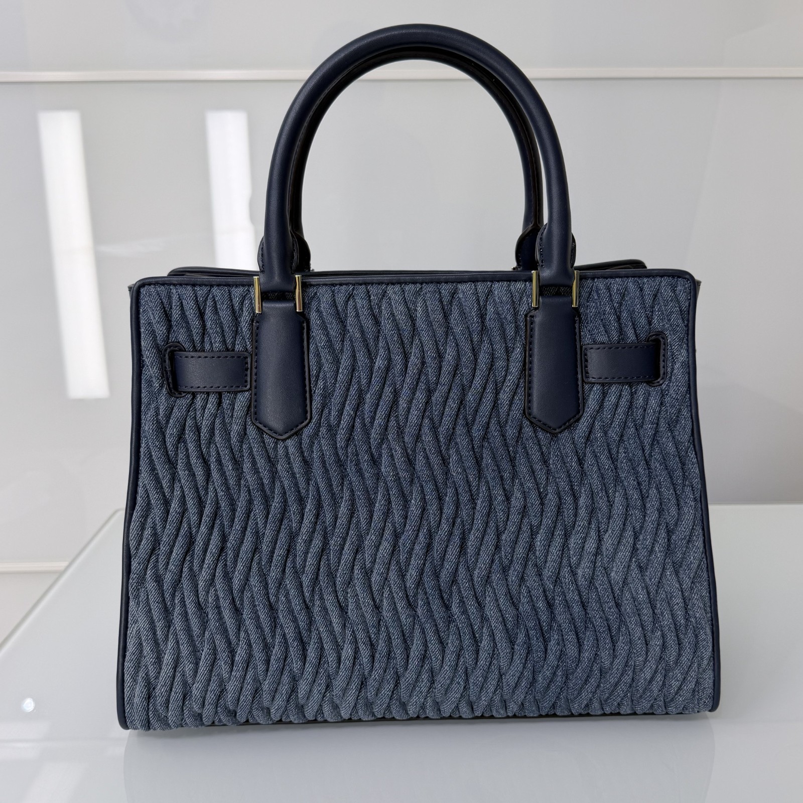Michael Kors Set Hamilton MD Matelassé Denim Satchel Bag Denim Blue + Wallet