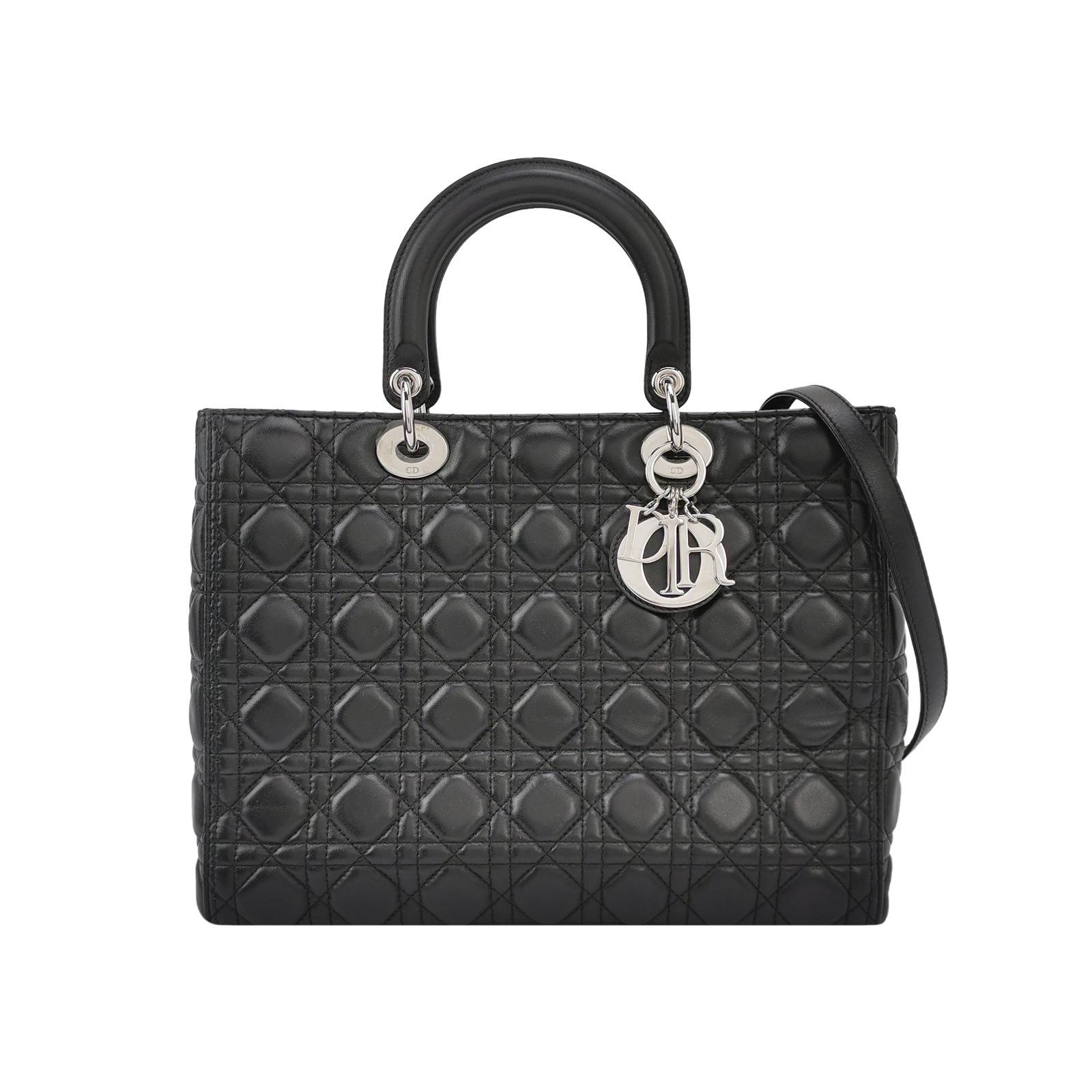 Dior Lady Dior Large Black Lambskin Leather Handheld Shoulder Bag US Ship