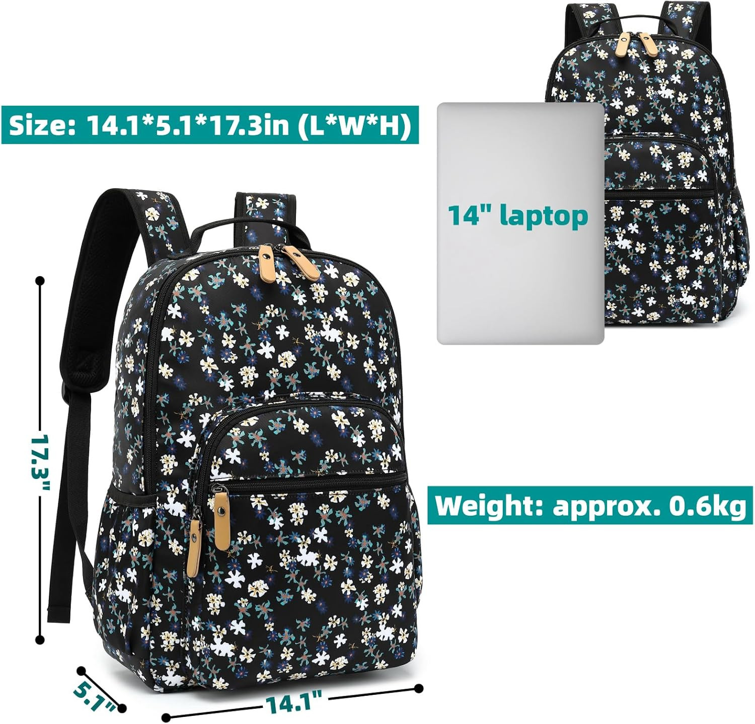 Water-Resistant Floral Laptop Backpack Women Travel Bag Bookbags Satchel (Dark B