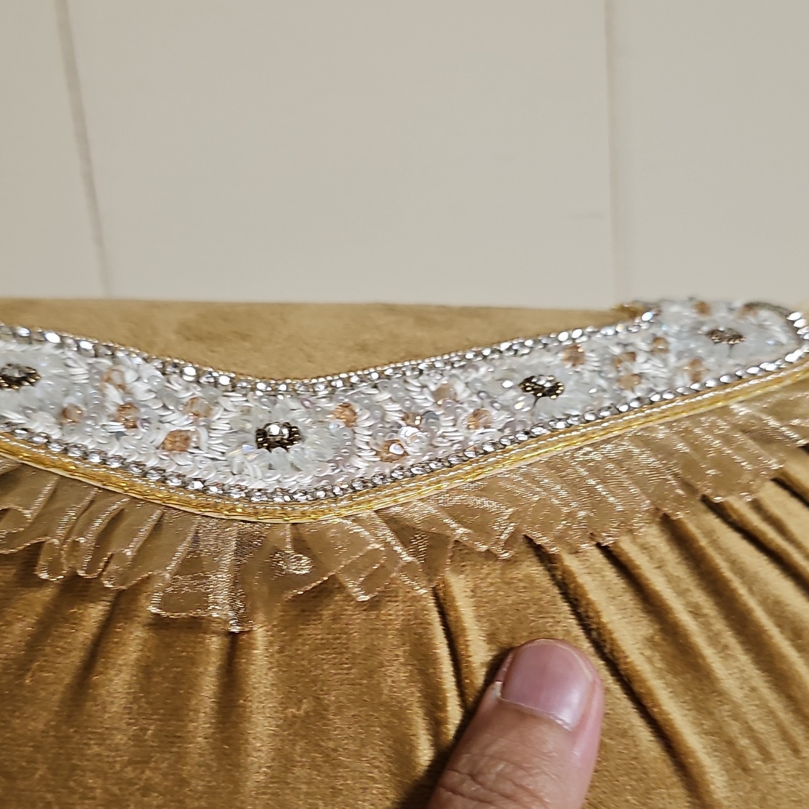 Women’s Gold Beaded Sequin Fringe Rectangle Clutch Zip Lined Pockets Charm