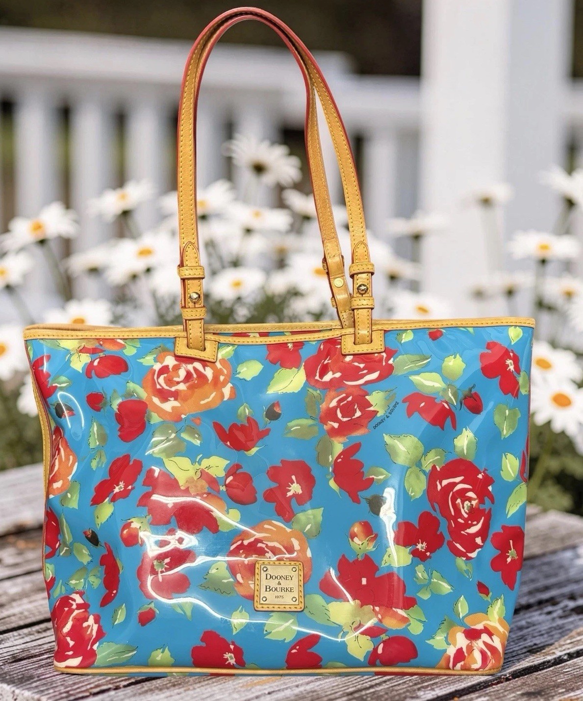 Dooney Bourke Blue Red Yellow Floral Rose Large Tote Shopper Shoulder Bag
