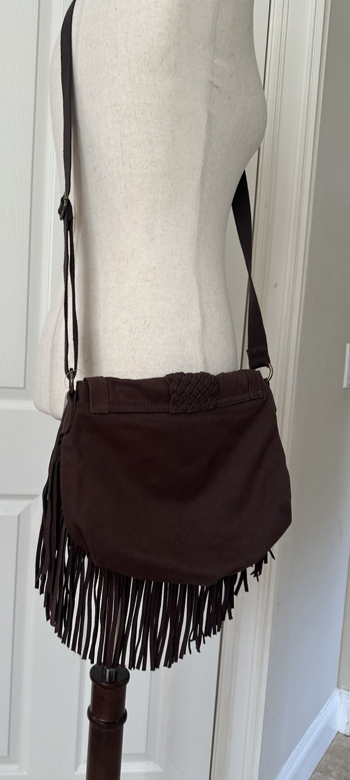 Y2K American Eagle Outfitters 2012 Leather Fringe Crossbody Purse Bag Brown Boho