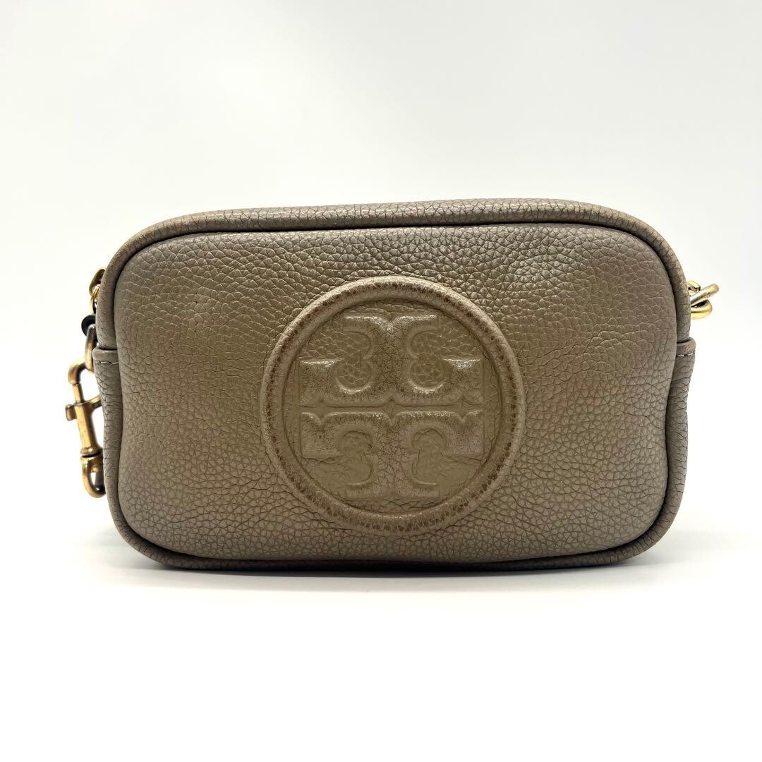 Tory Burch Perry Bombe Mini Crossbody Bag Leather Greige Gold Zip Logo 6.3in