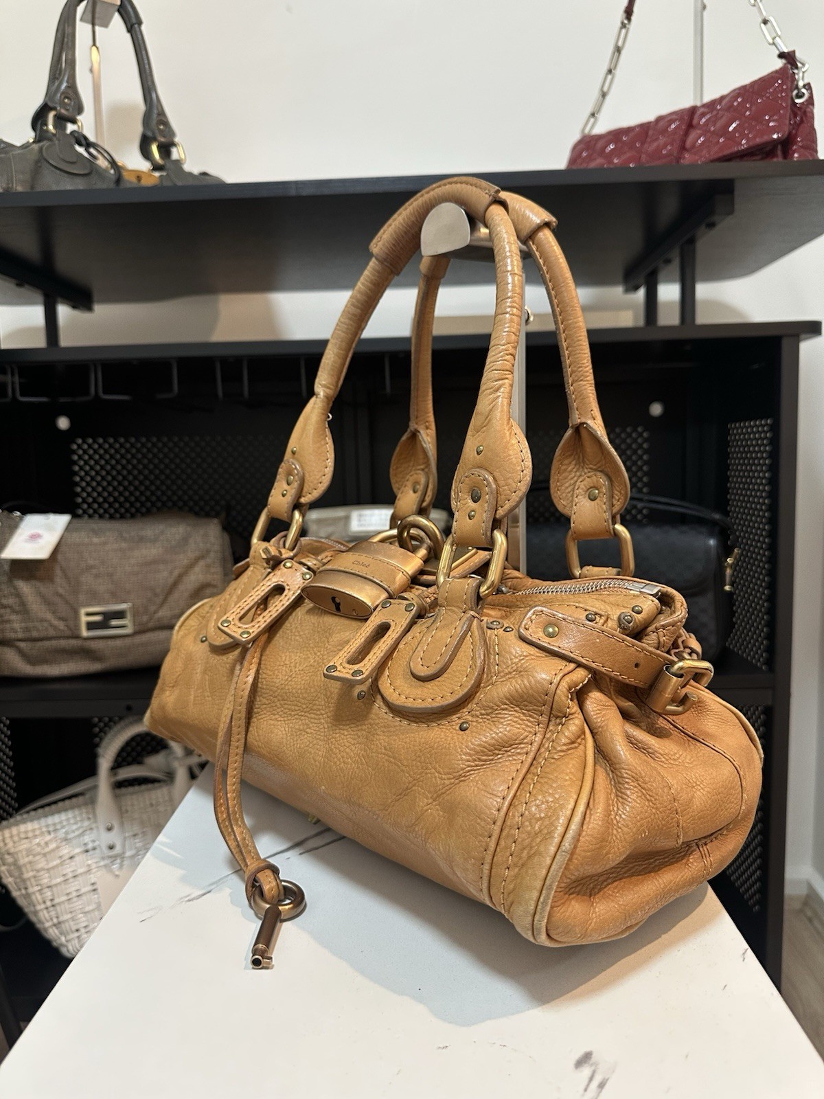 Chloé Paddington Tan Pebbled Leather Satchel Bag Padlock Zip Key + COA