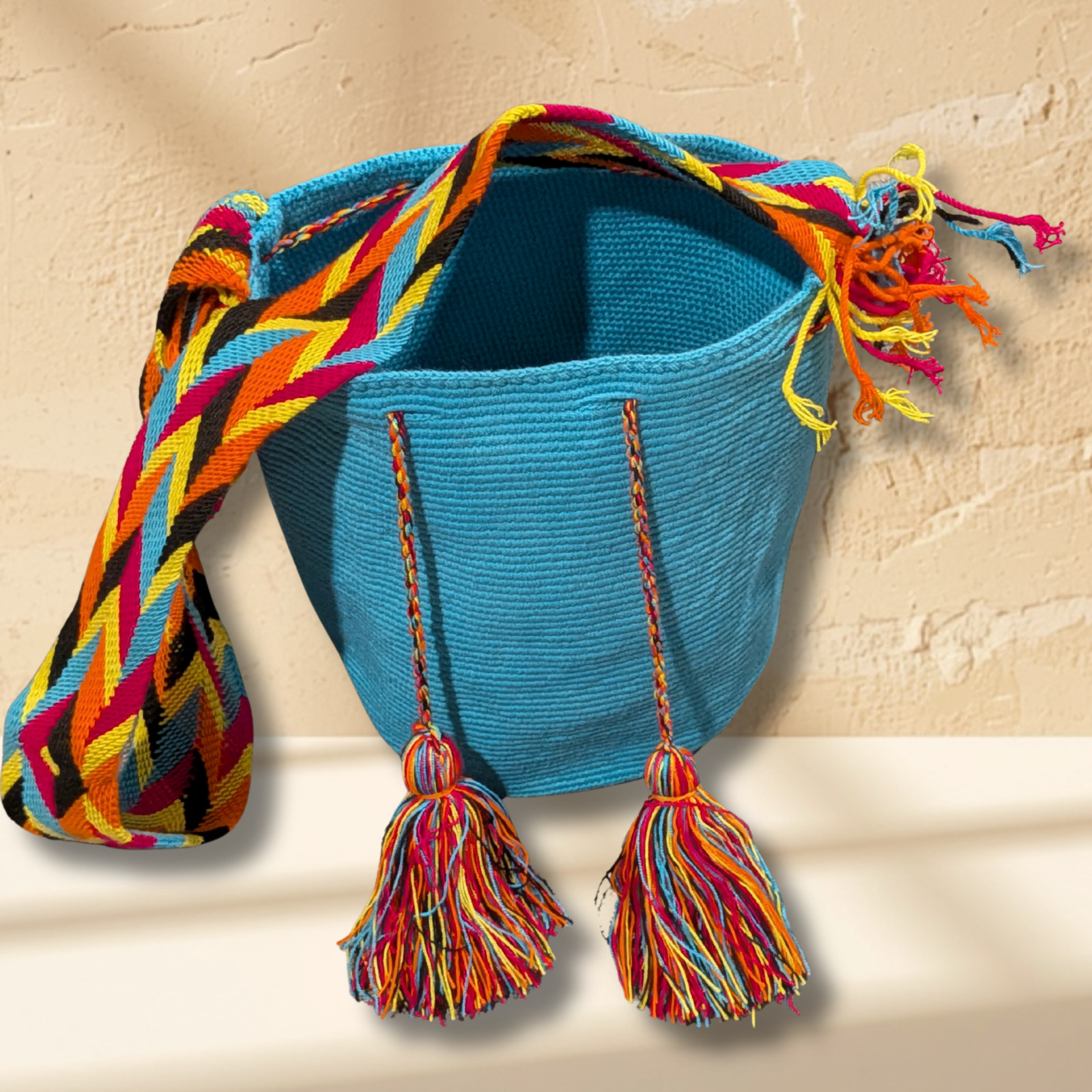 Authentic Colombian Wayuu Mochila Bag Handmade Blue Crossbody Tassels