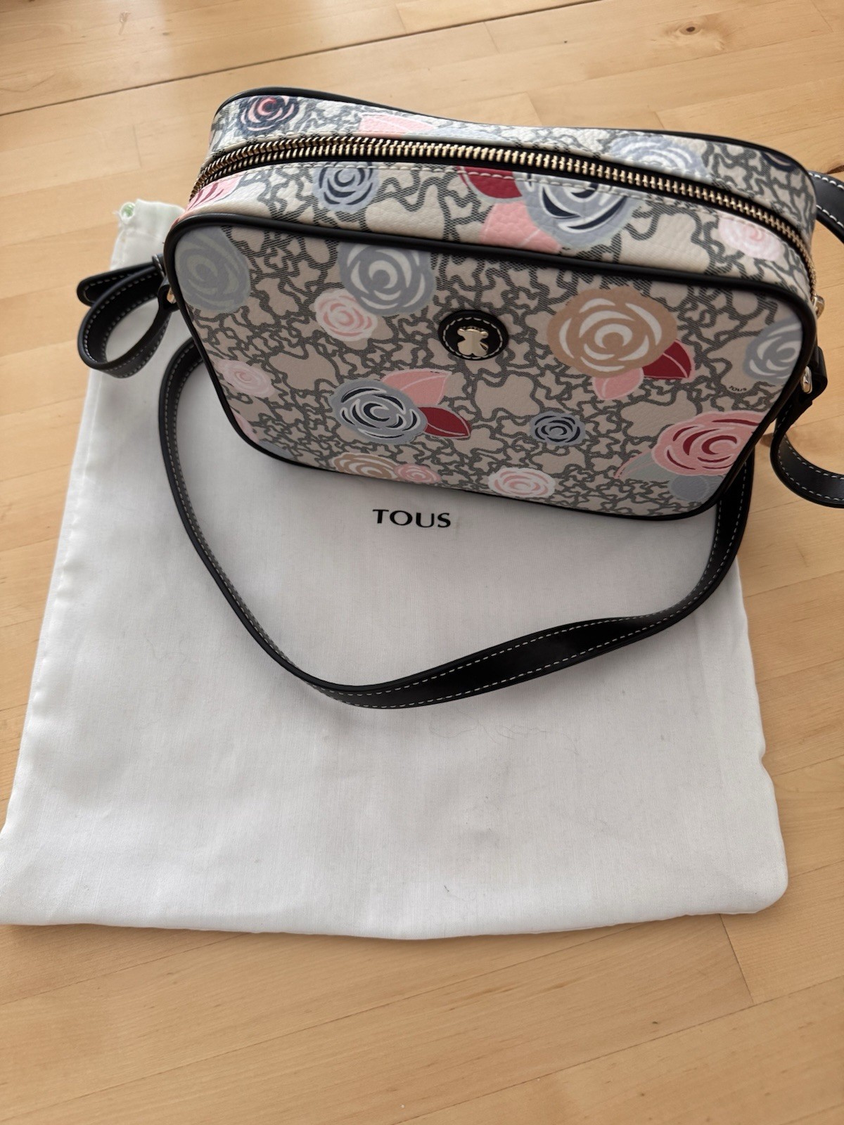 Tous Floral Print Small Crossbody Bag Zip Closure Adjustable Strap Dust Bag