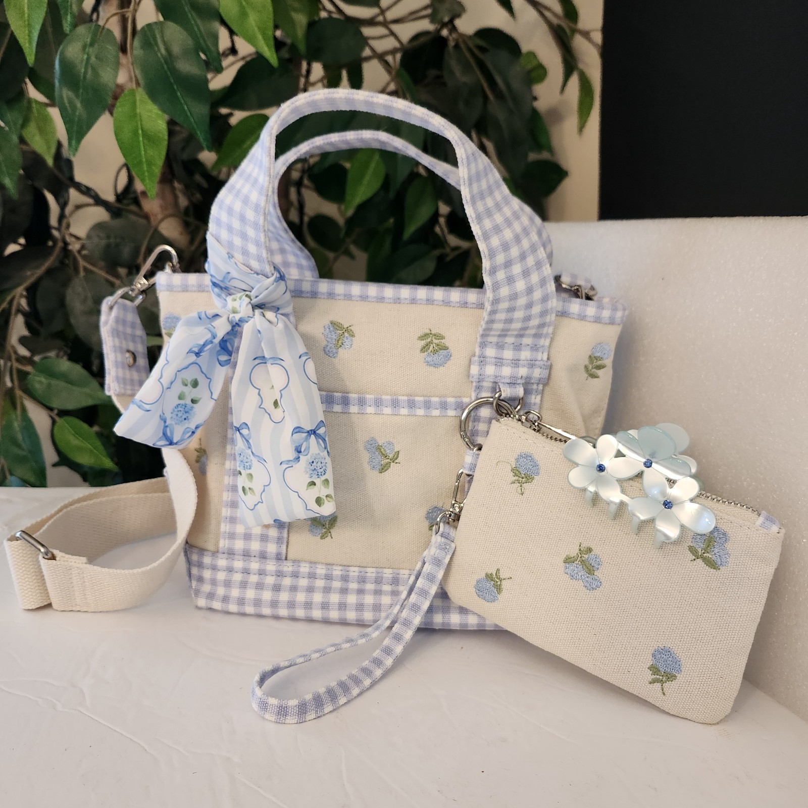NWT Madden Girl Blue Mini Tote Embroidered Canvas Handbag Crossbody