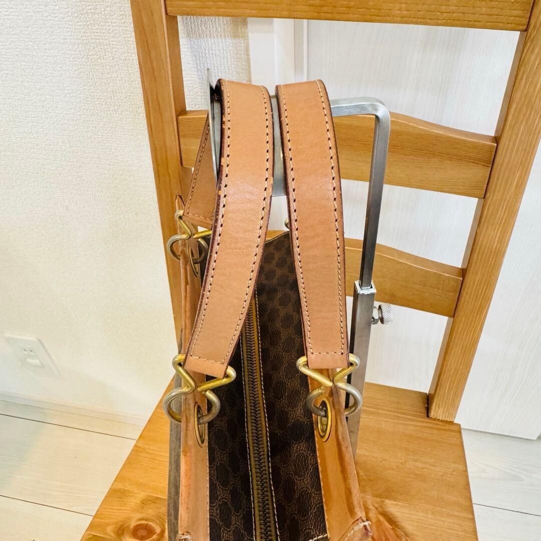 CELINE Macadam Vintage Brown Leather PVC Handbag Tote Gold Zip M13 25cm 21cm