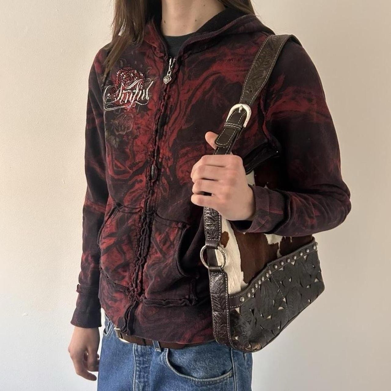 Vintage American West Tooled Leather Shoulder Bag Cow Hair Hide Western Studded