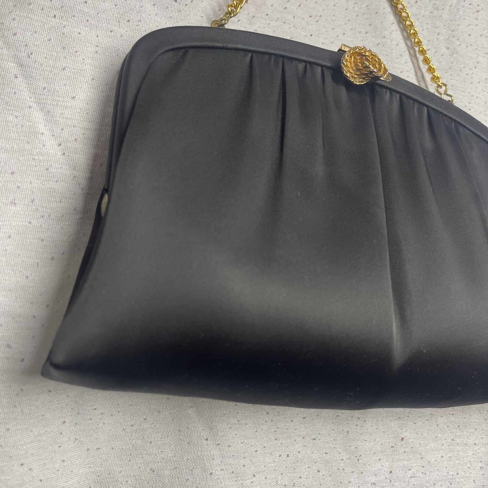 Black Satin Clutch Purse Bag Gold Knot Flip Lock Chain Old Hollywood Vintage USA