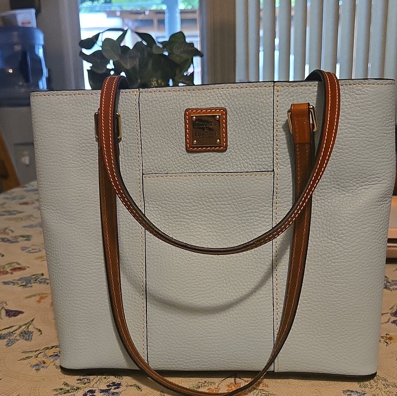 Dooney & Bourke Small Tote Light Blue/Brown Trim Zip Lined Pockets Dust Bag