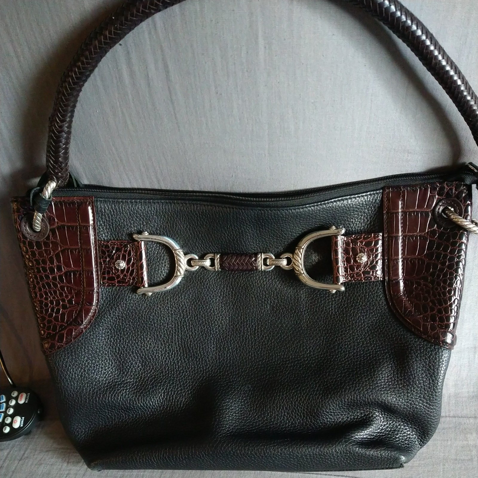 Brighton Leather Shoulder Bag Black &Brown Embossed Horse Bit Hardware