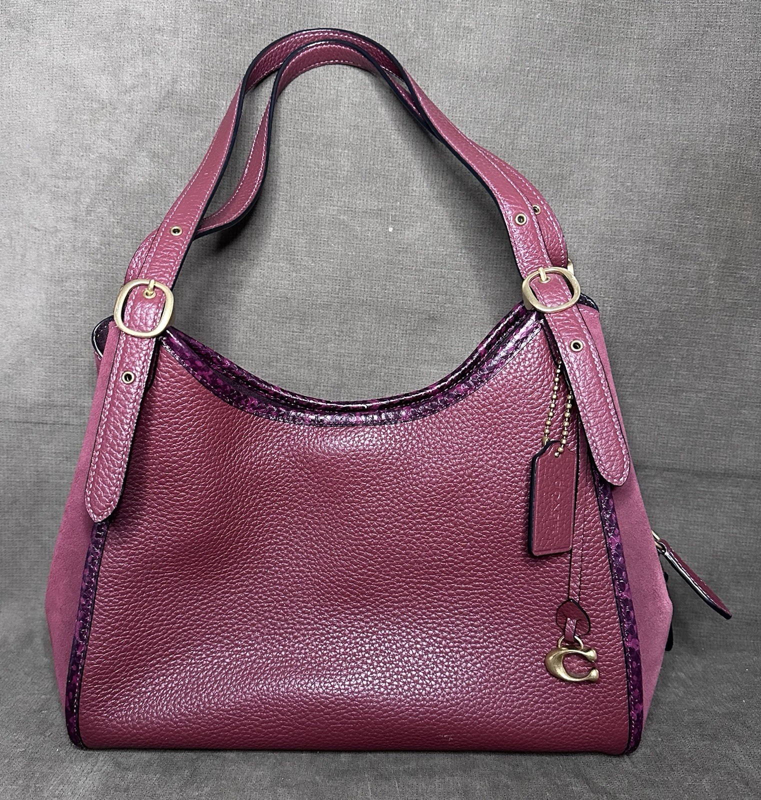 Coach Lori Shoulder Bag Wine Pebbled Leather Suede Snakeskin Trim C5266