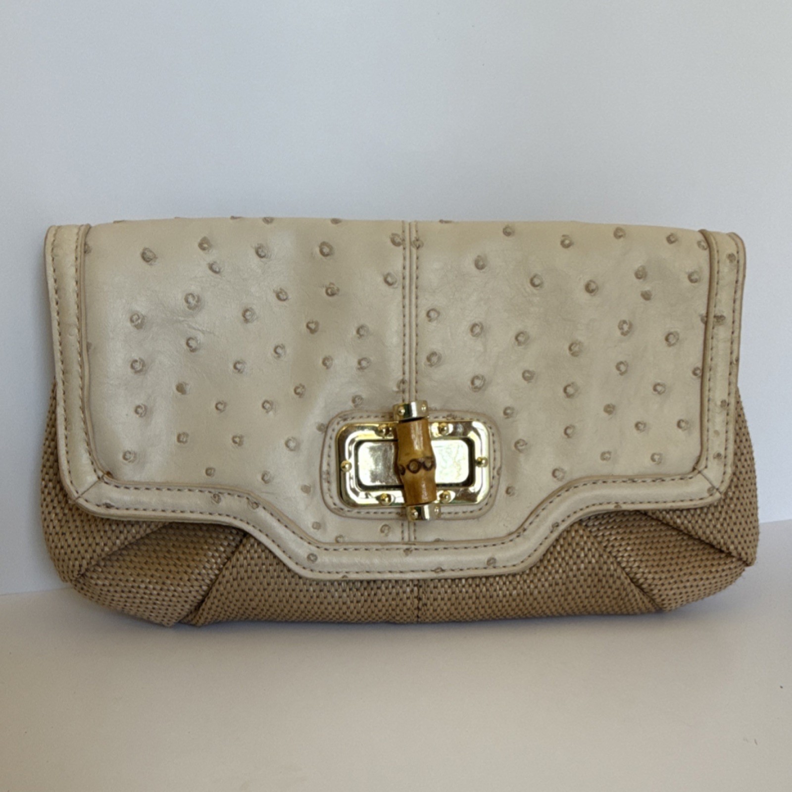 ALDO Beige Ostrich Embossed Clutch Bamboo Turn Lock Gold Hardware