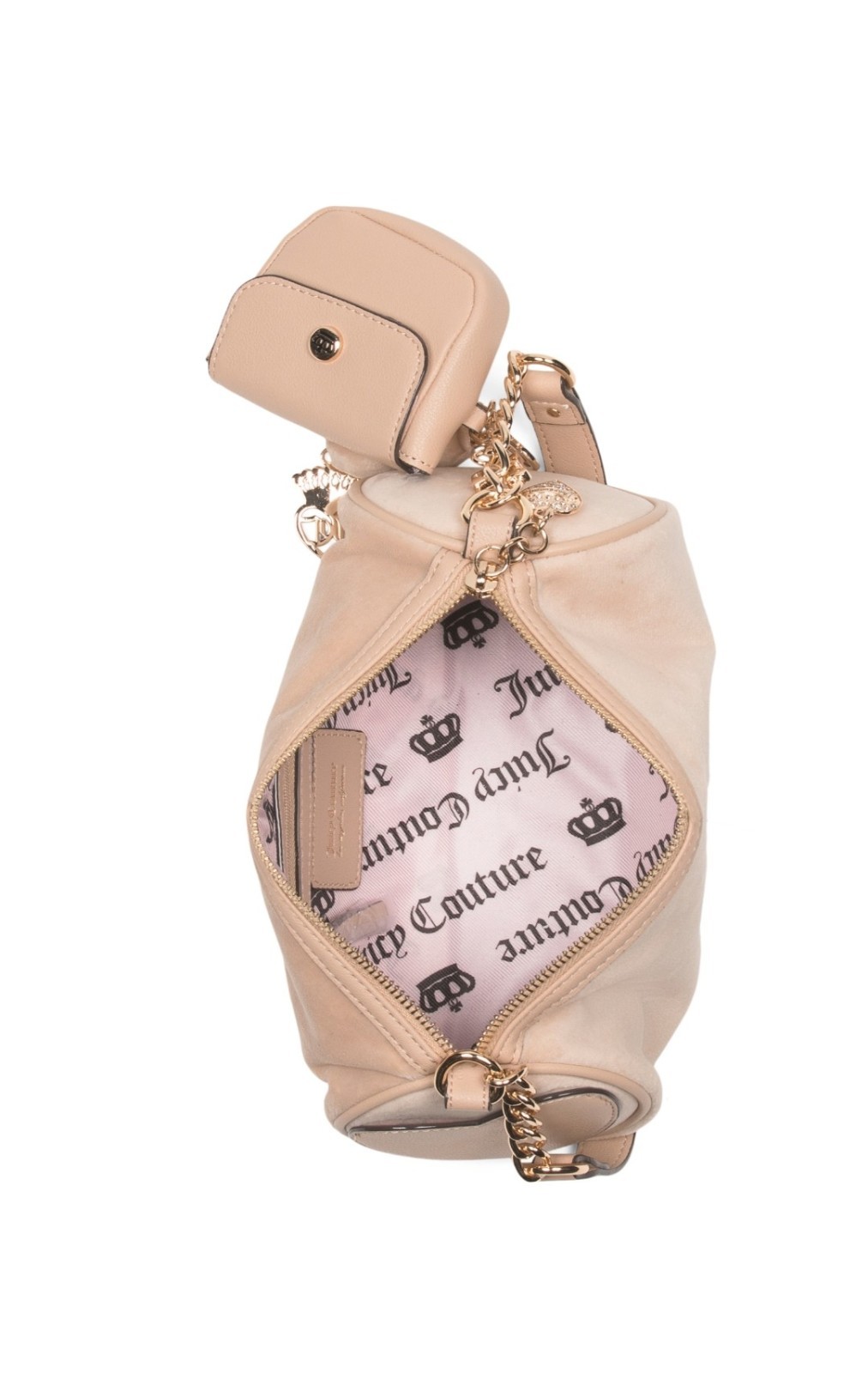 Juicy Couture Buff Beige Cylinder Barrel Y2K Satchel Gold Chain Embroidered NWT
