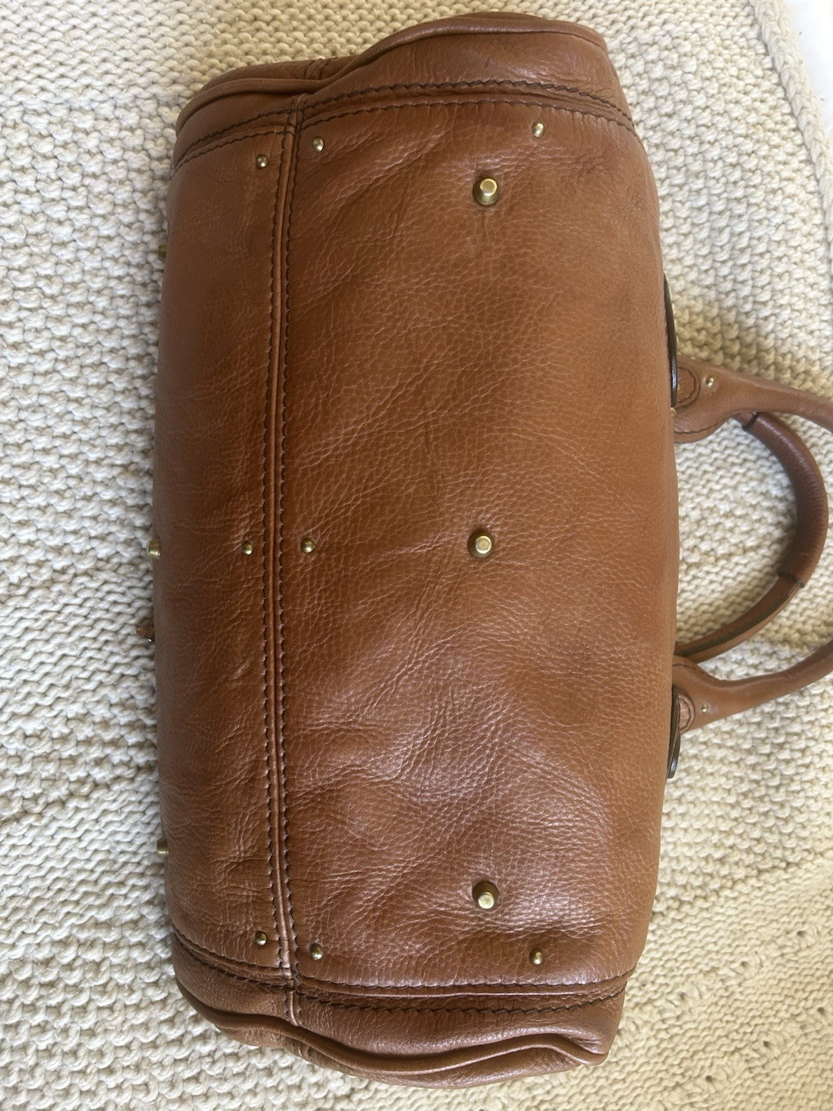 Chloé Brown Satchel Padlock & Key, Studded Bottom, Zip Closure, Gold/Silver