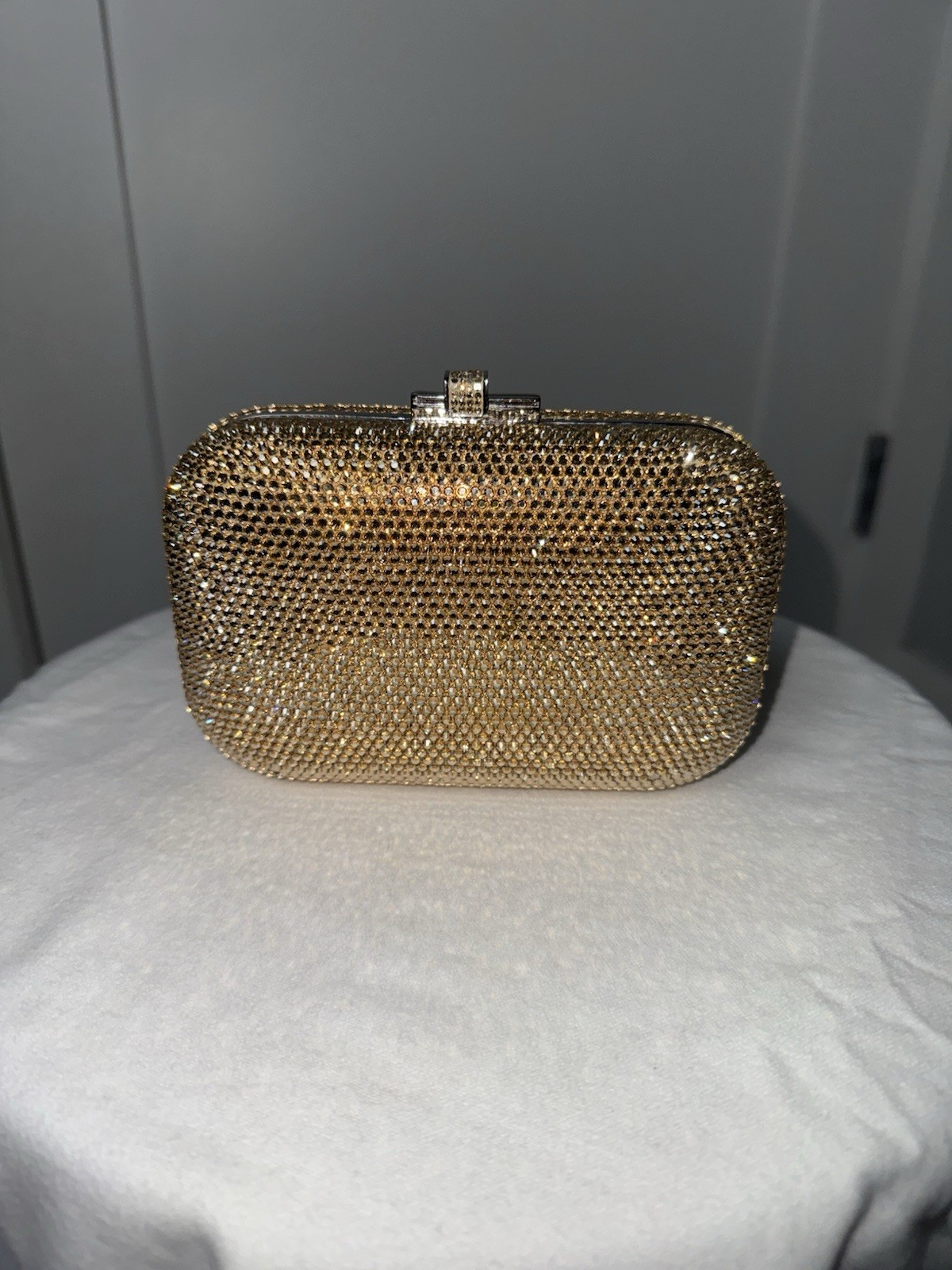 Judith Leiber Slide Champagne Full Bead Frame Clutch with Chain Strap/OS