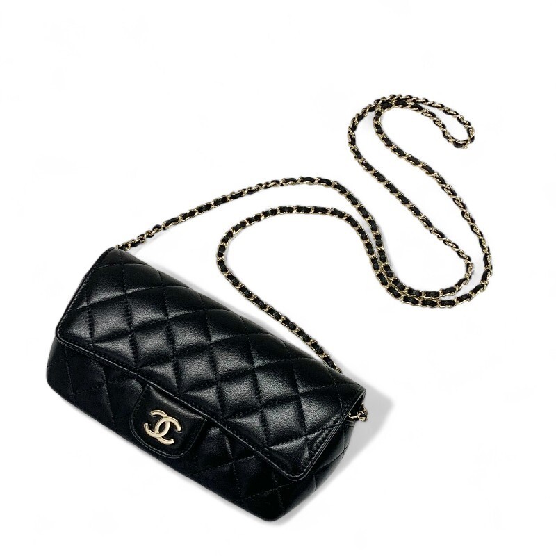 CHANEL Lambskin Shoulder Bag Black Gold Hardware Coco Mark 19cm x 9cm