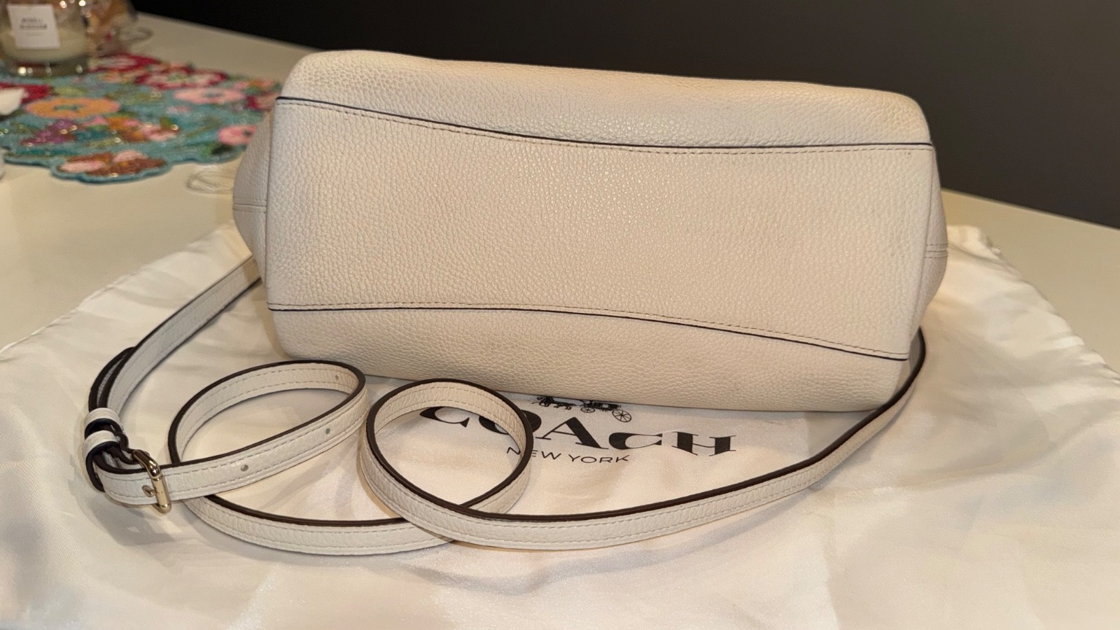 Coach Elise Polished Pebble Leather Satchel Chalk White Gold Hardware Dust Bag