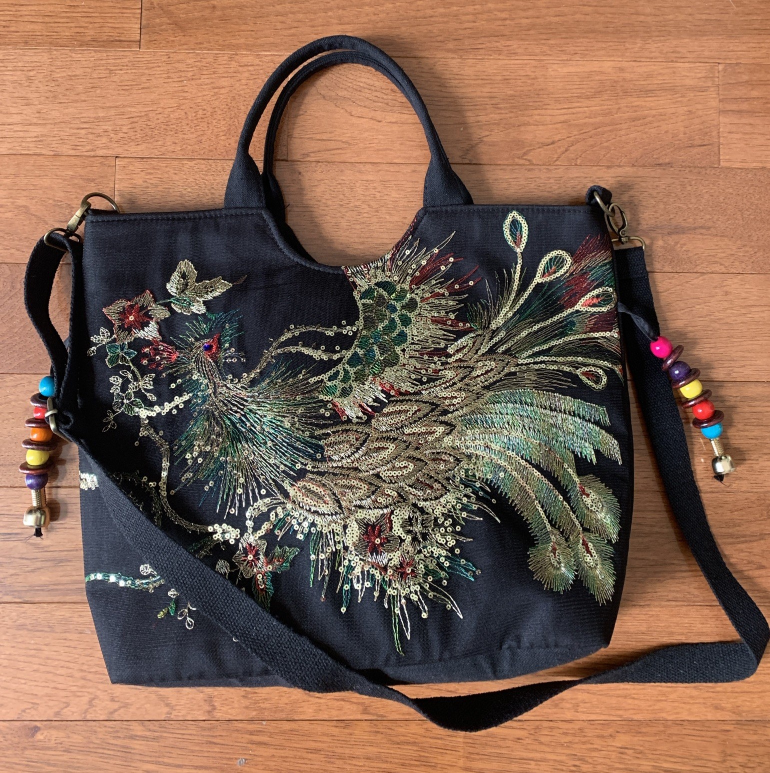 Beautiful Sequin Handbag Canvas Tote Bag Peacock Embroidery Asian Ethnic