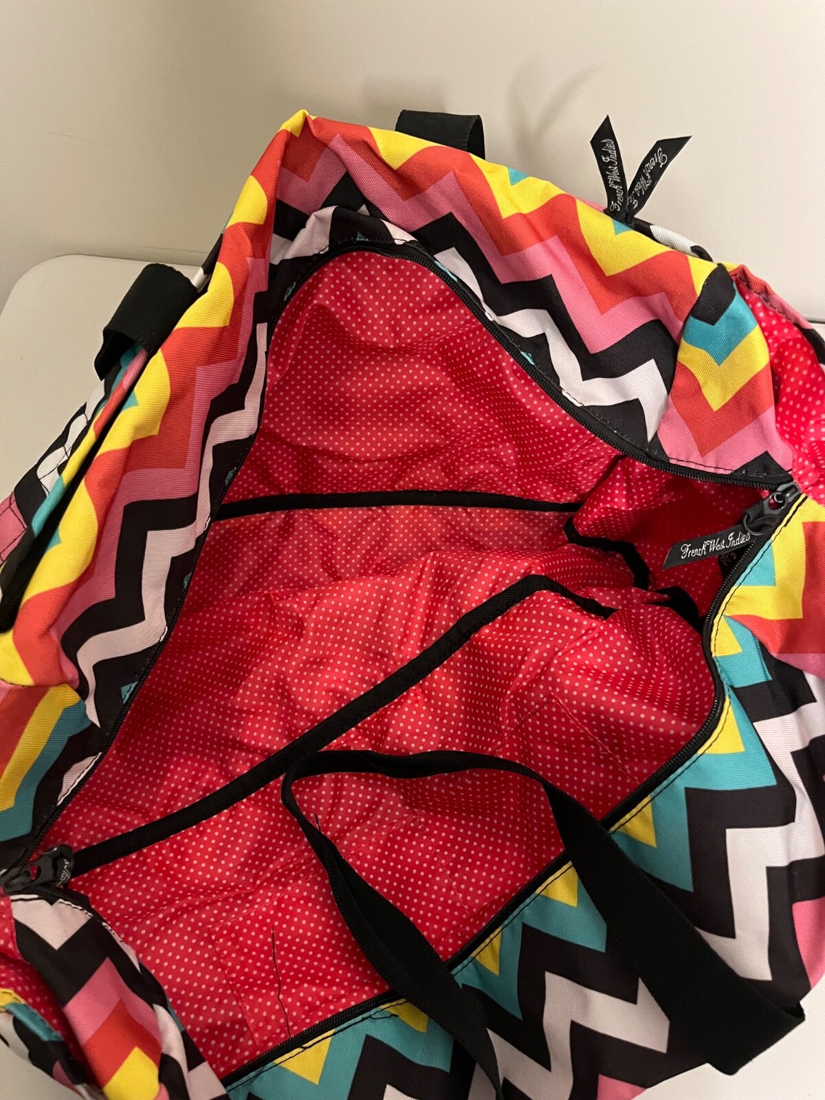 French West Indies Multi Color Duffel Bag Overnight Womens Bag Pink Black White