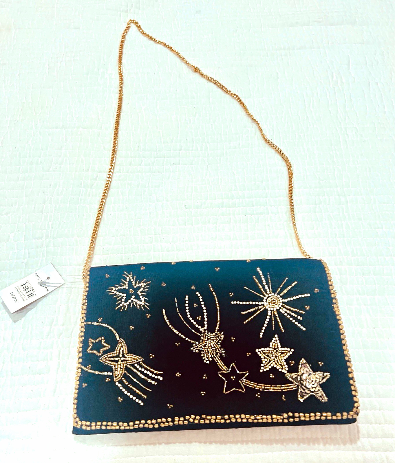 NWT AnnTaylor Black Velvet Beaded Stars Chain Convert Clutch Bag Magnetic Clse