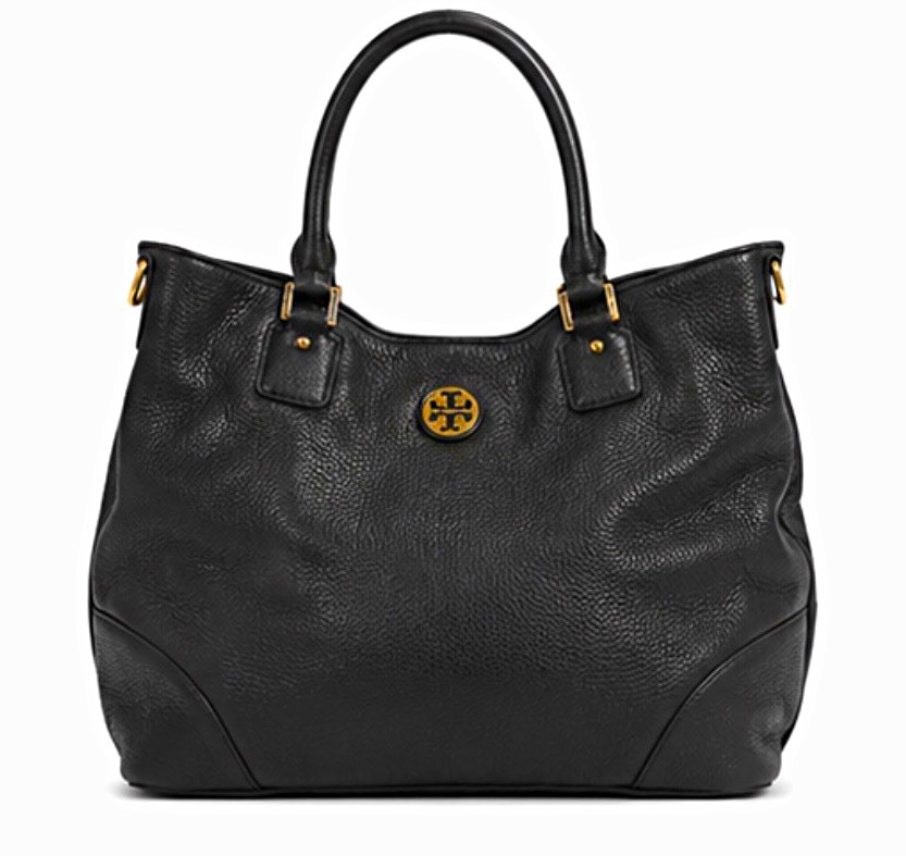 Tory Burch Tote Zip Top Black Pebbled Double Handles Gold Hardware Lined