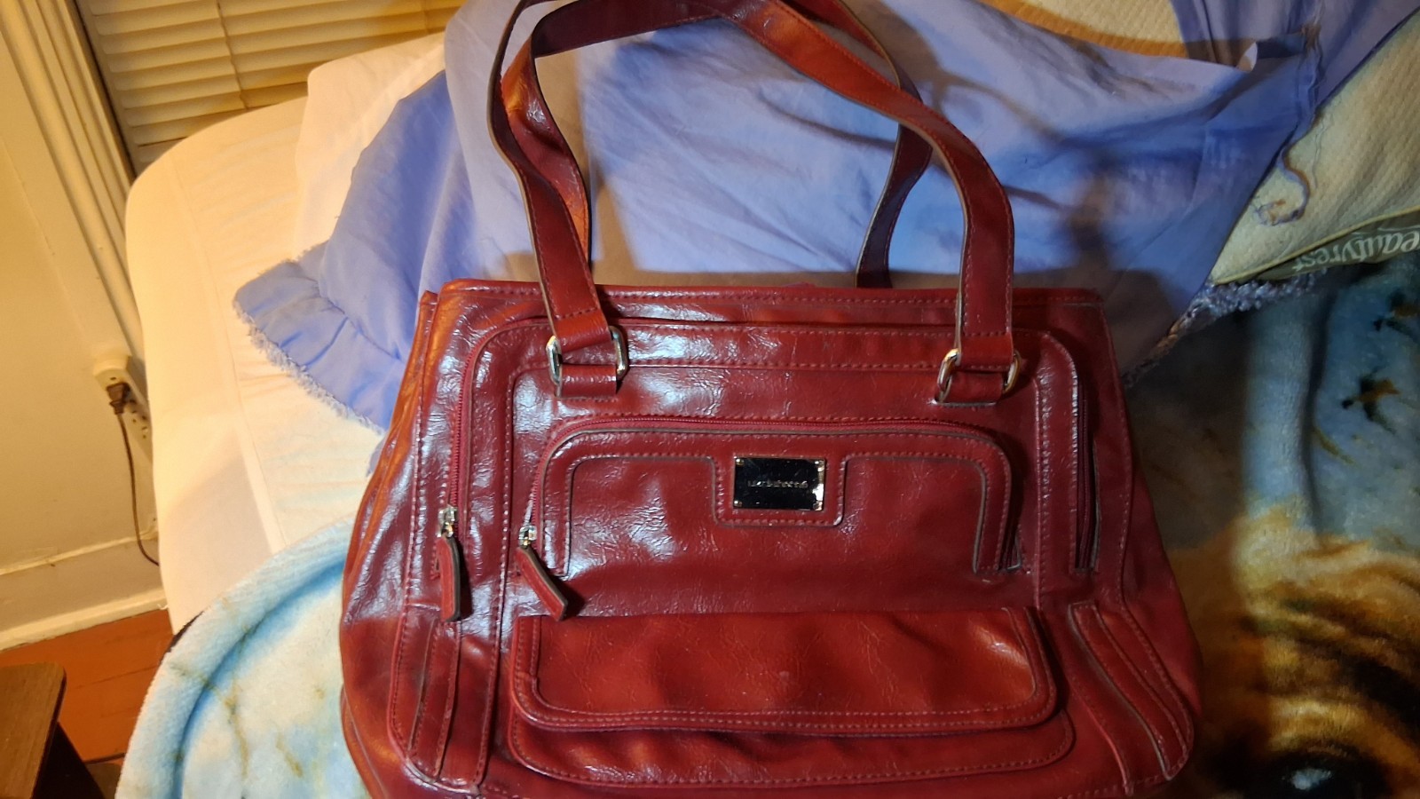 Burgundy Satchel Top Handle Zip/Magnetic Pockets Gold/Silver