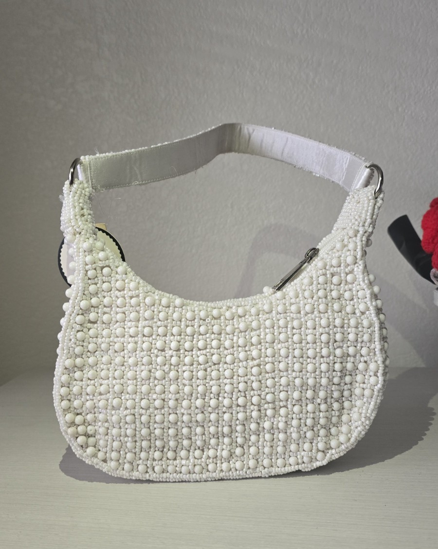 white beaded pearl shoulder bag baguette edding evening, handbag