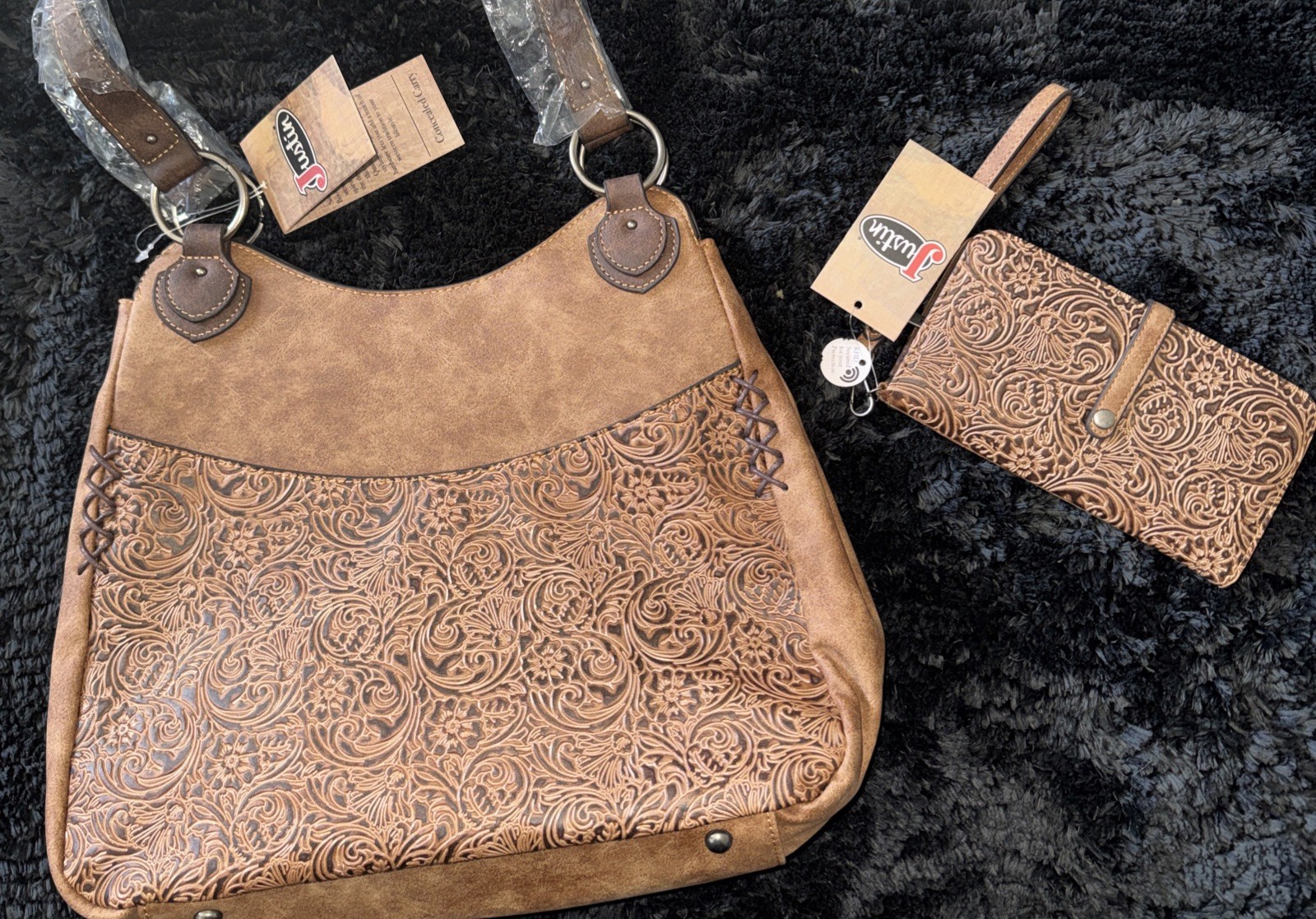 NWT! Justin Western tooled Floral Concealed Carry Handbag W/ Wallet & Gunmetal