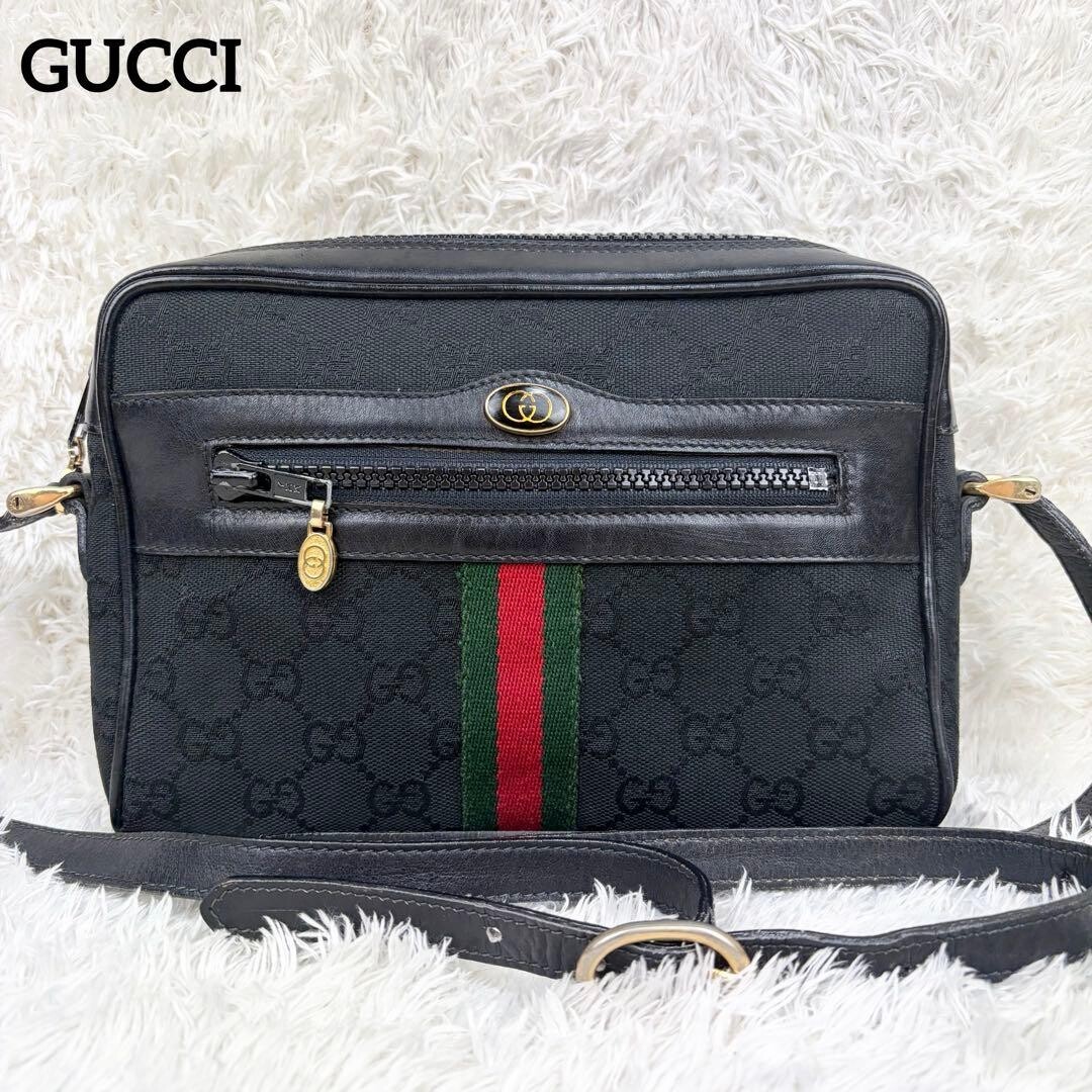 Gucci GG Canvas Web Stripe Black Shoulder Bag Gold Hardware Auth