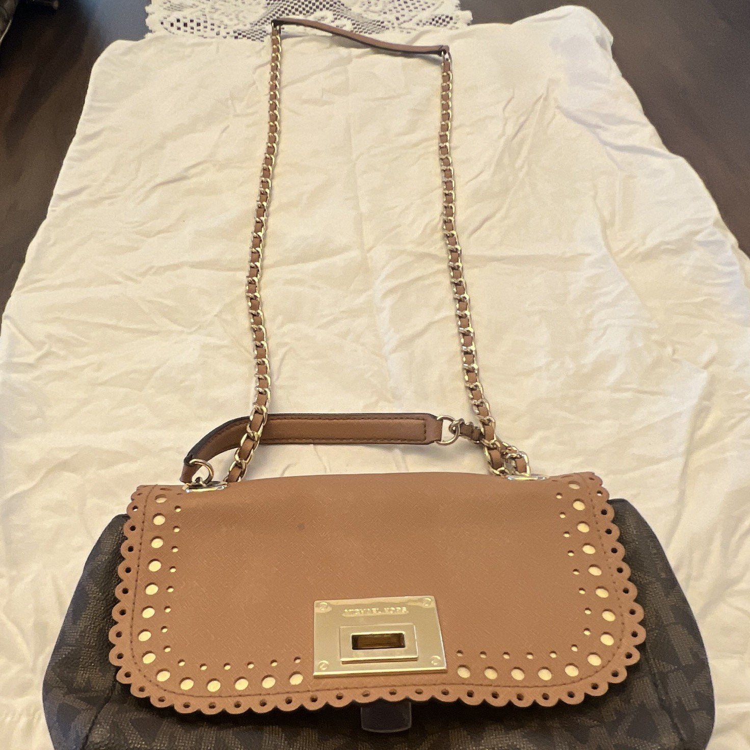 Michael Kors MK Logo Brown Chain Strap Convertible Crossbody Flap, Push Lock