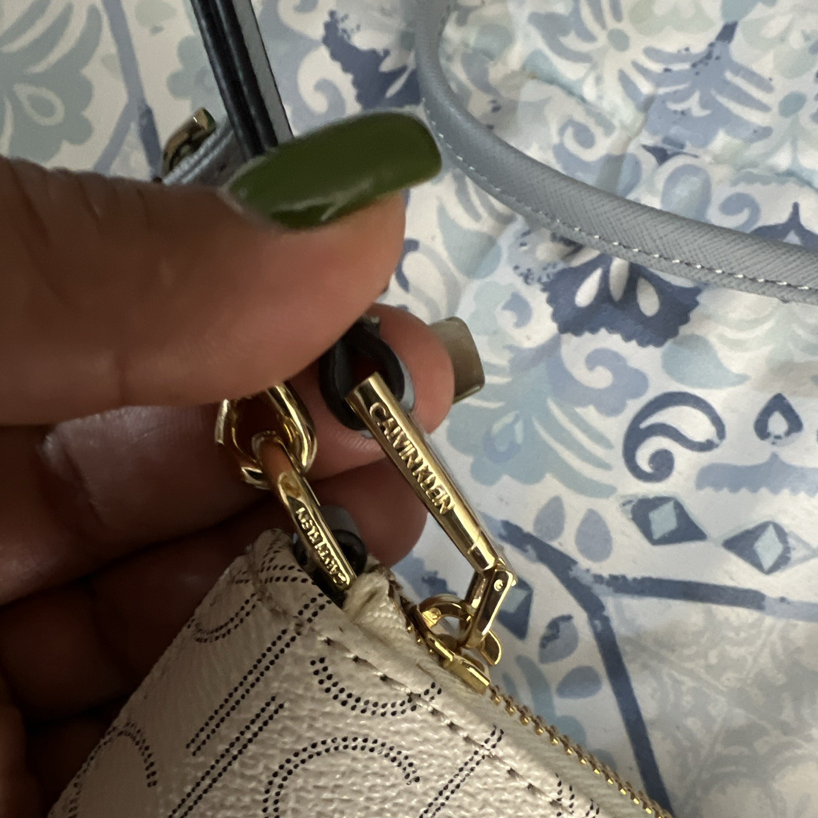 Calvin Klein CK Monogram Ivory Gray Small Crossbody Zip Gold Chain Detachable