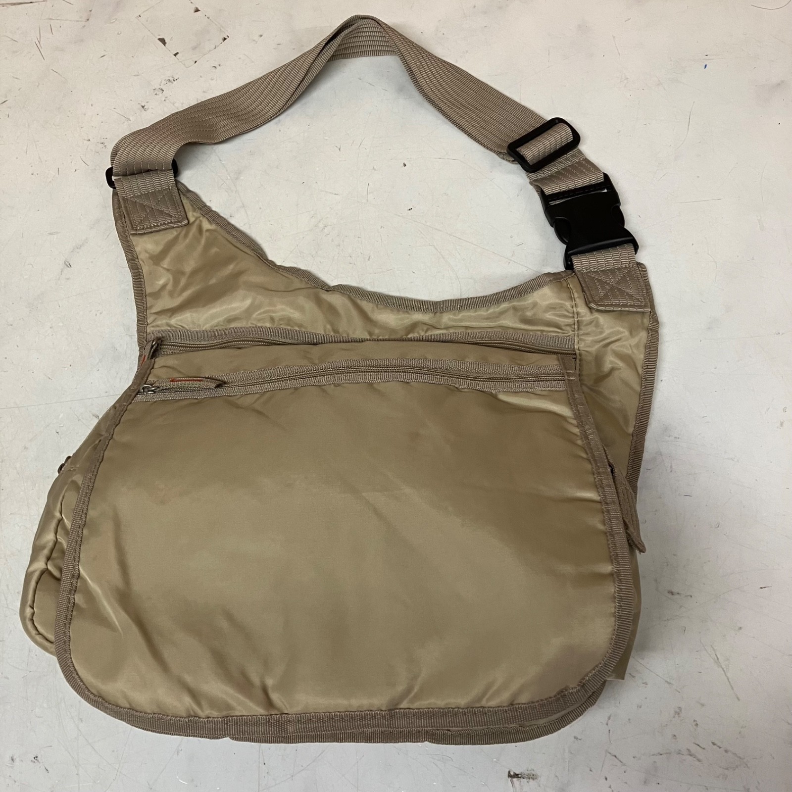 Used Beige Nylon Shoulder Bag Lightweight Multi Pocket Crossbody Casual Travel B