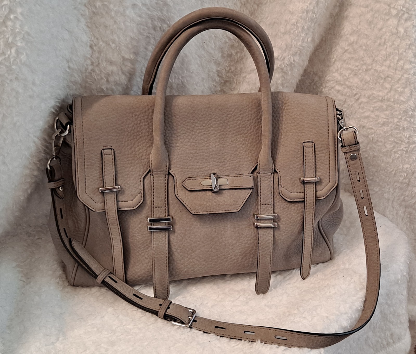 REBECCA MINKOFF JULES SATCHEL SHOULDER CROSSBODY NUBUCK DOVE GRAY W/SILVER $425
