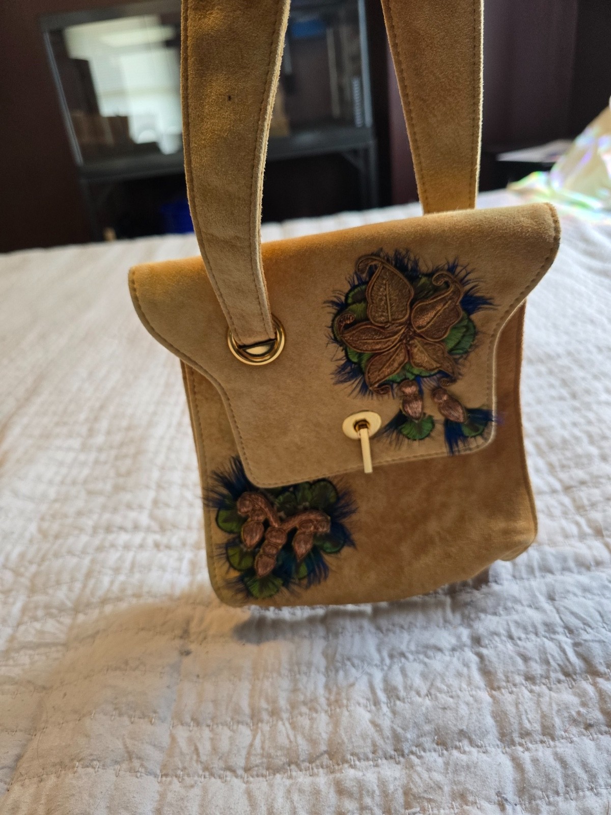 Mary Norton Moo Roo Suede Feather Appliqué Shoulder Bag
