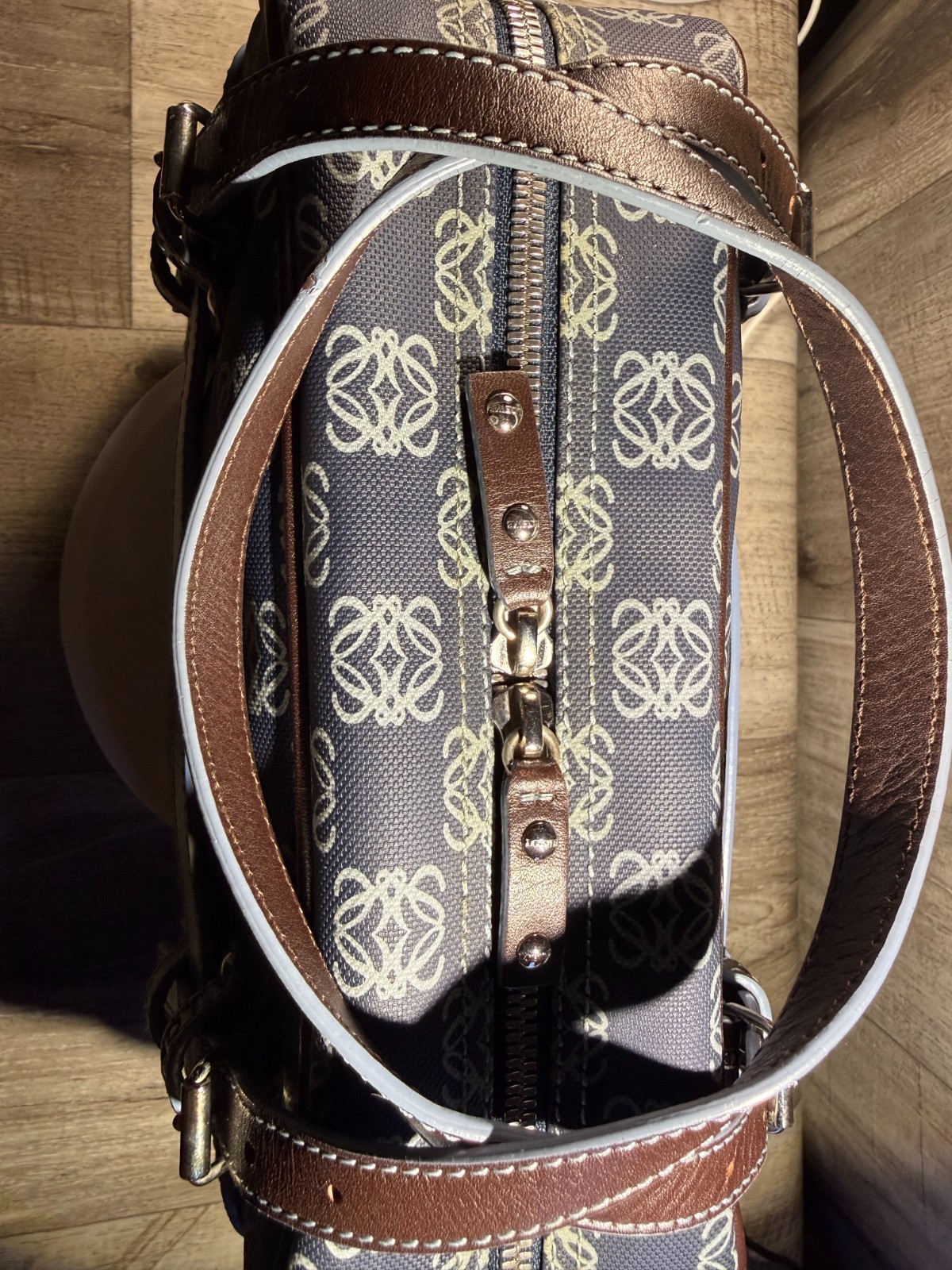 Vintage Authentic Loewe Anagram Boston Bag Blue Canvas with Brown Leather Trim