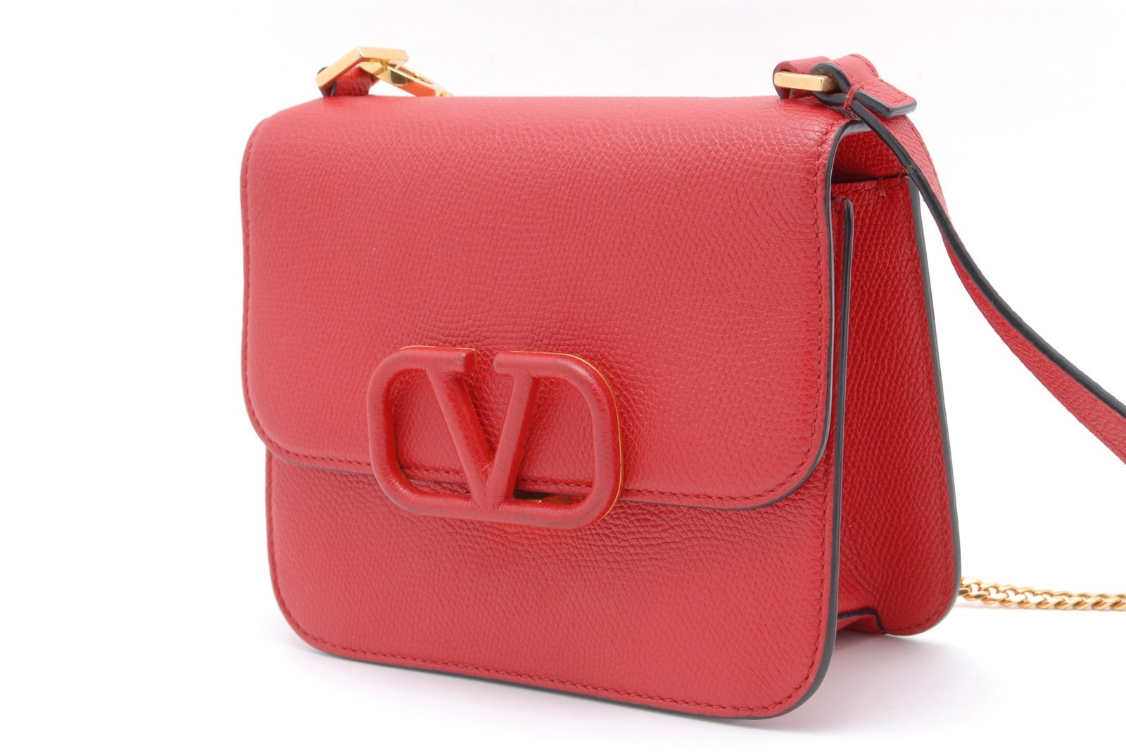 Valentino Garavani VLogo Red Leather Crossbody Shoulder Bag Gold Chain