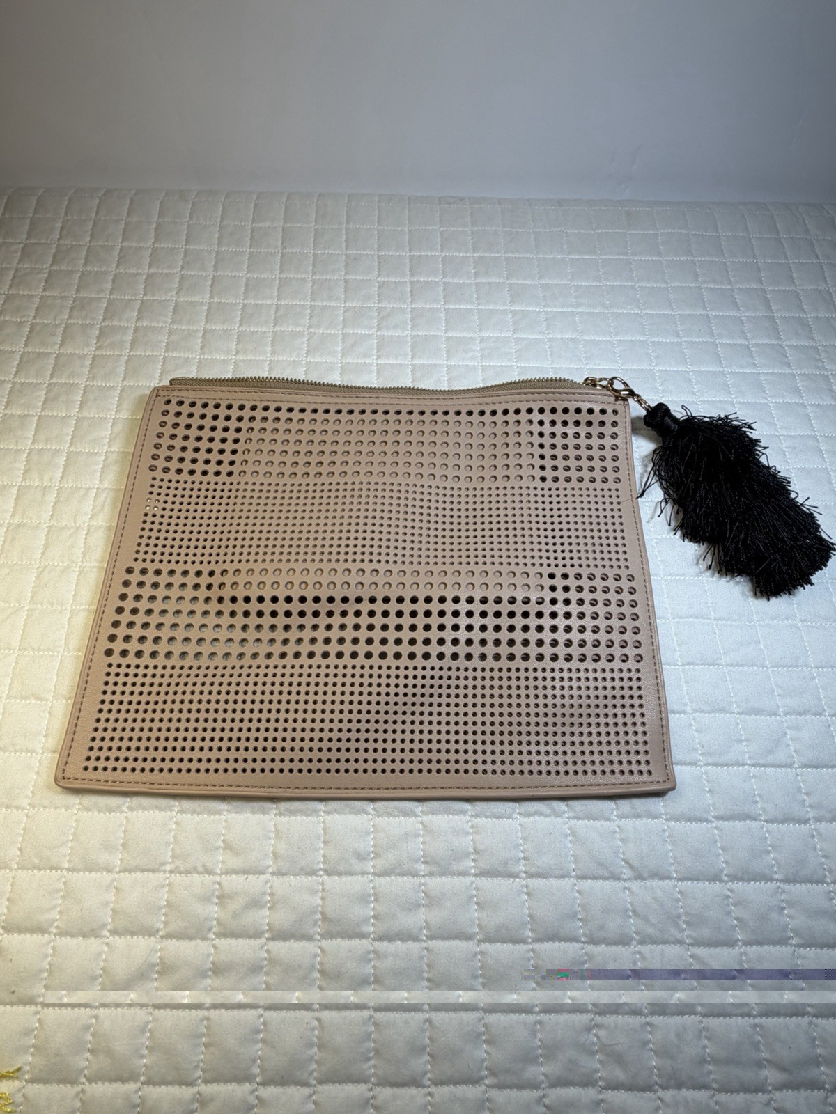 Neiman Marcus Blush Perforated Faux Leather Zip Clutch Pouch w/ Black Tassel
