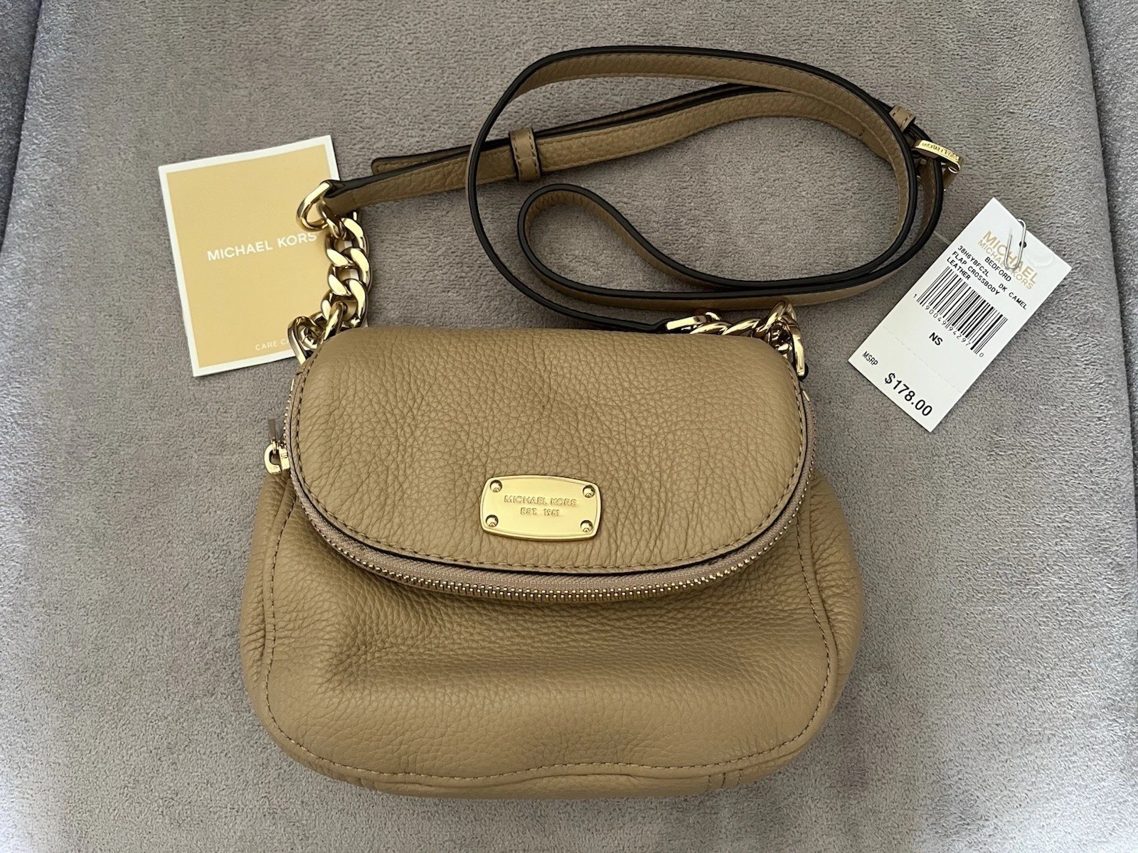 Michael Kors Women’s Leather Flap Crossbody Handbag Camel Color