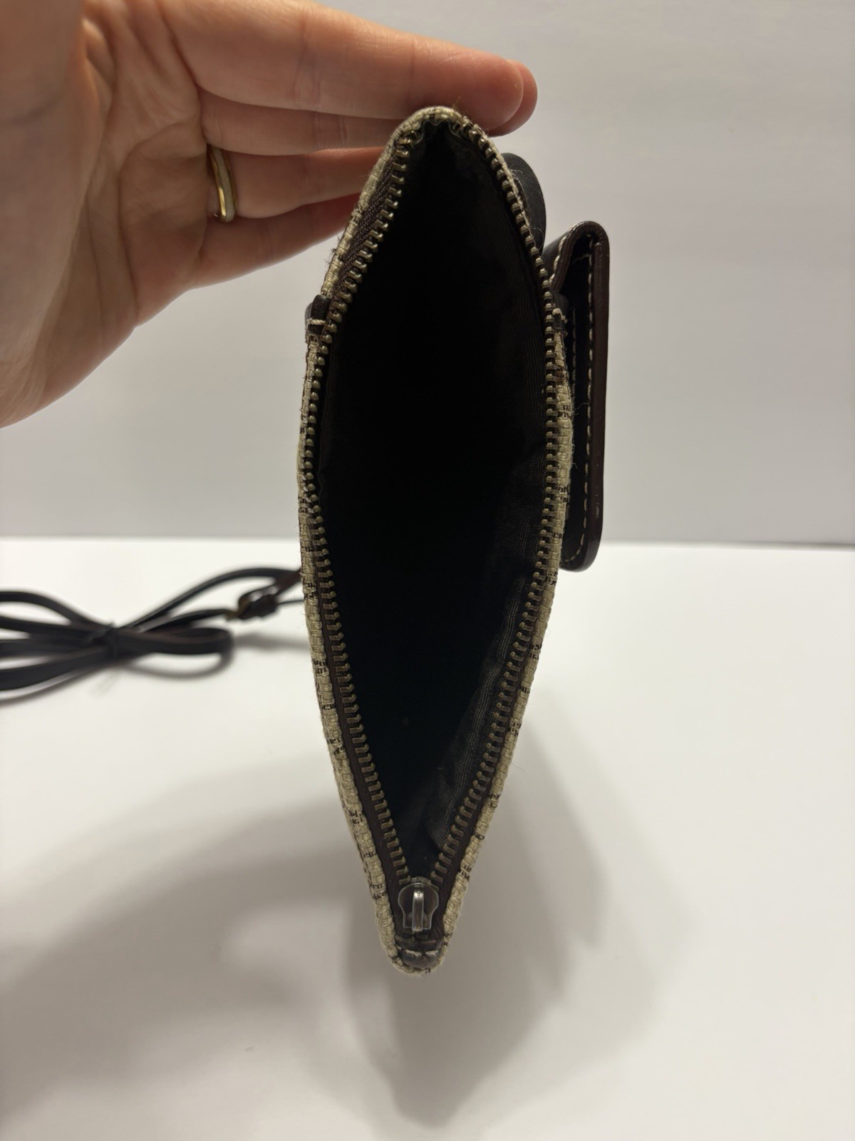 Carolina Herrera CH Monogram Crossbody Shoulder Phone Bag Brown Beige Trim