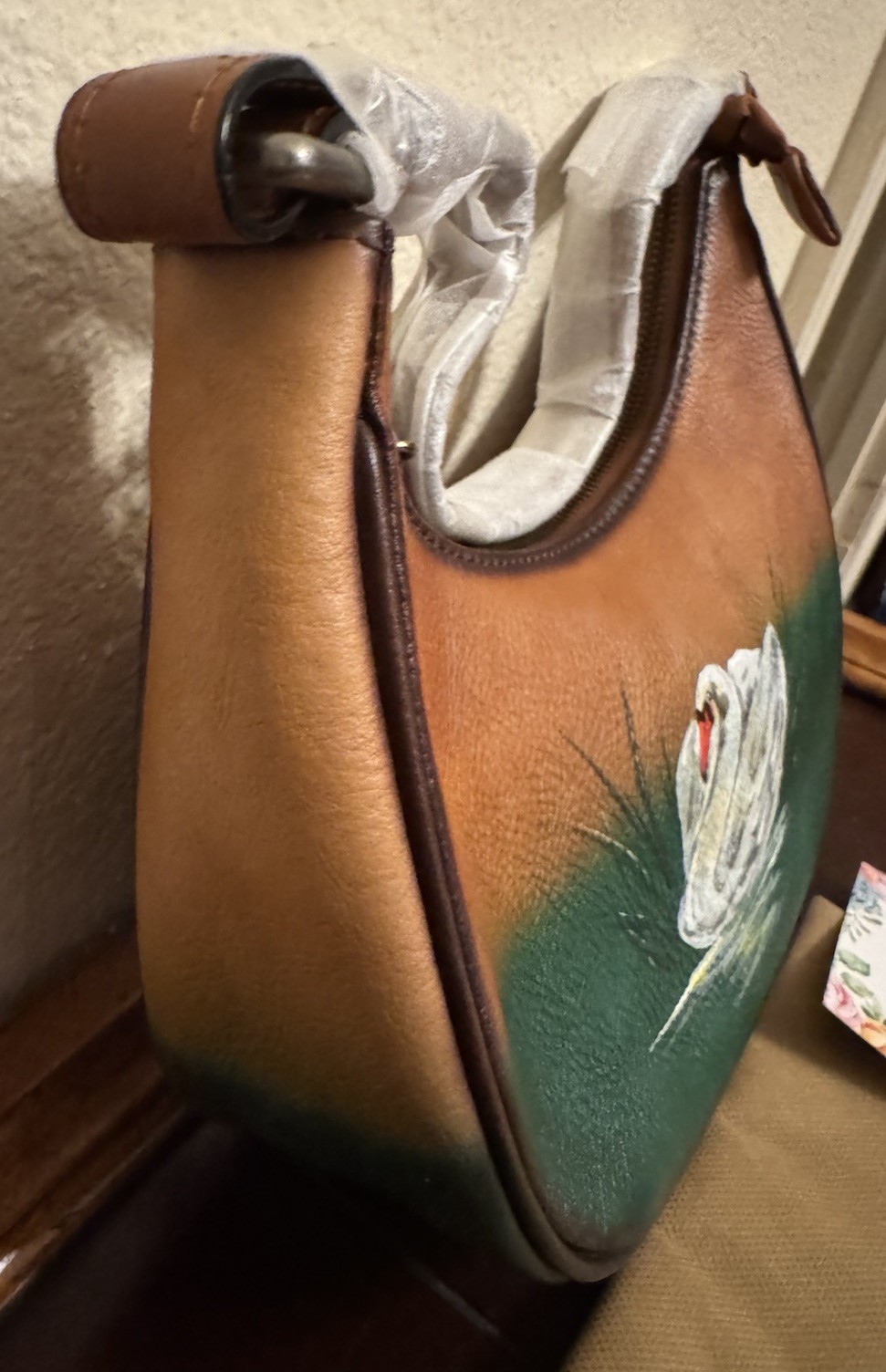 LRTO Leather Hand Painted Swan Green /Brown Satchel Shoulder Handbag w/ Coin Bag