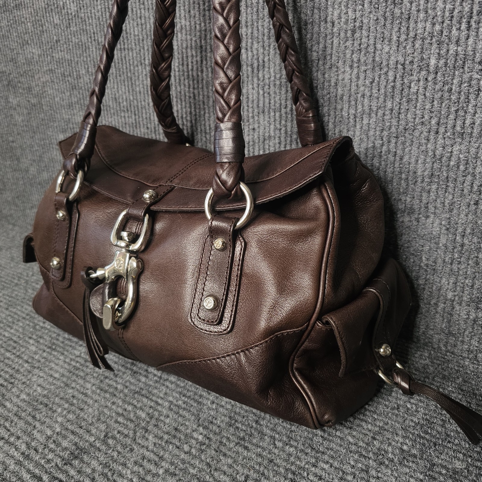 Francesco Biasia shoulder Braided Leather Bag Brown Chocolate purse