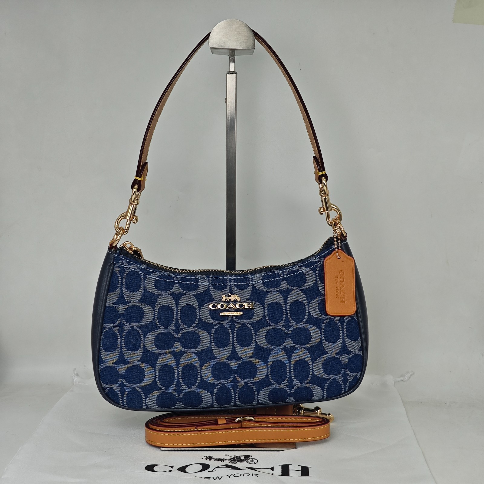 COACH Teri Shoulder Bag Blue Signature Denim Leather Convertible Purse