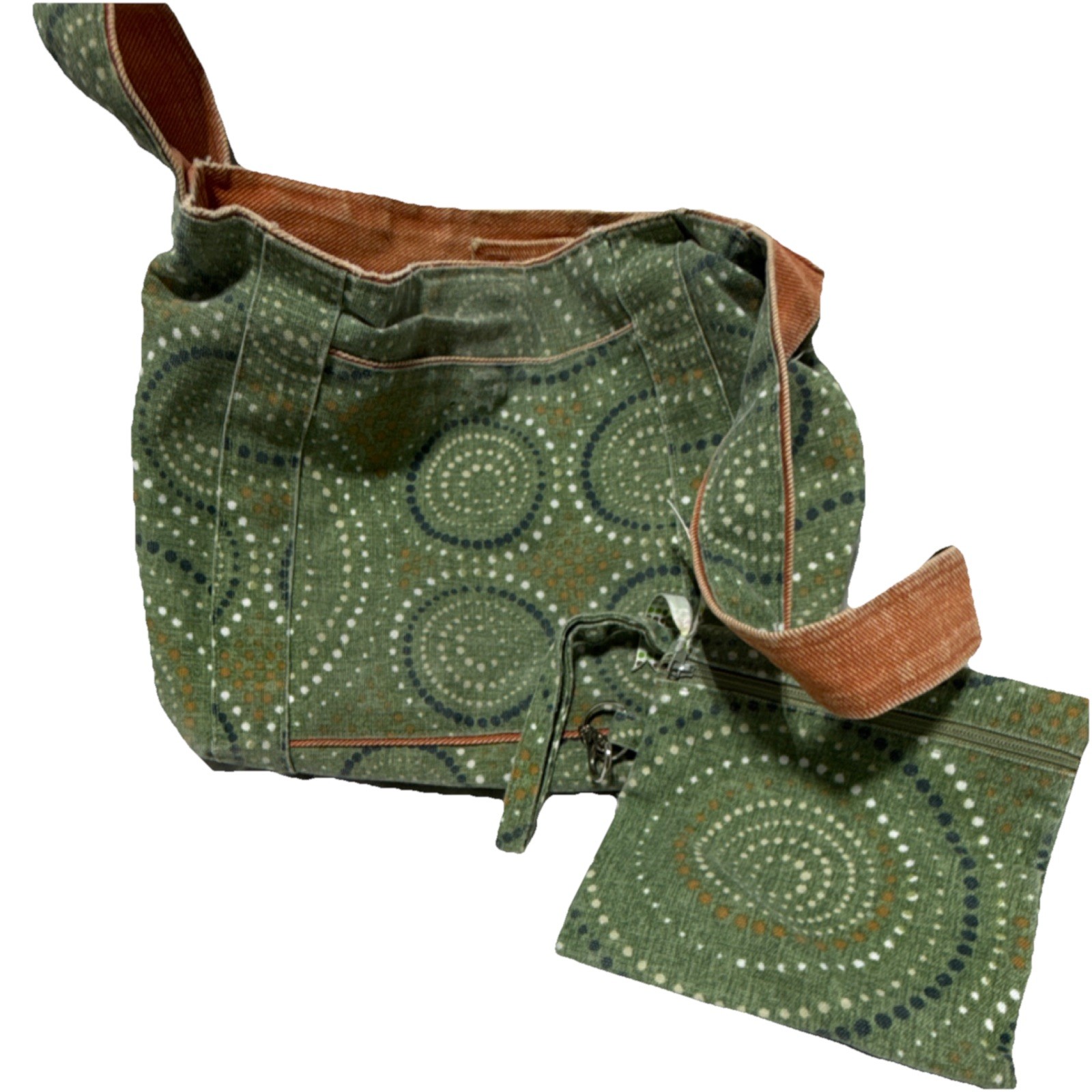 Green Circular Dot Pattern Shoulder Bag Zipper Accent Matching Pouch Retro Style