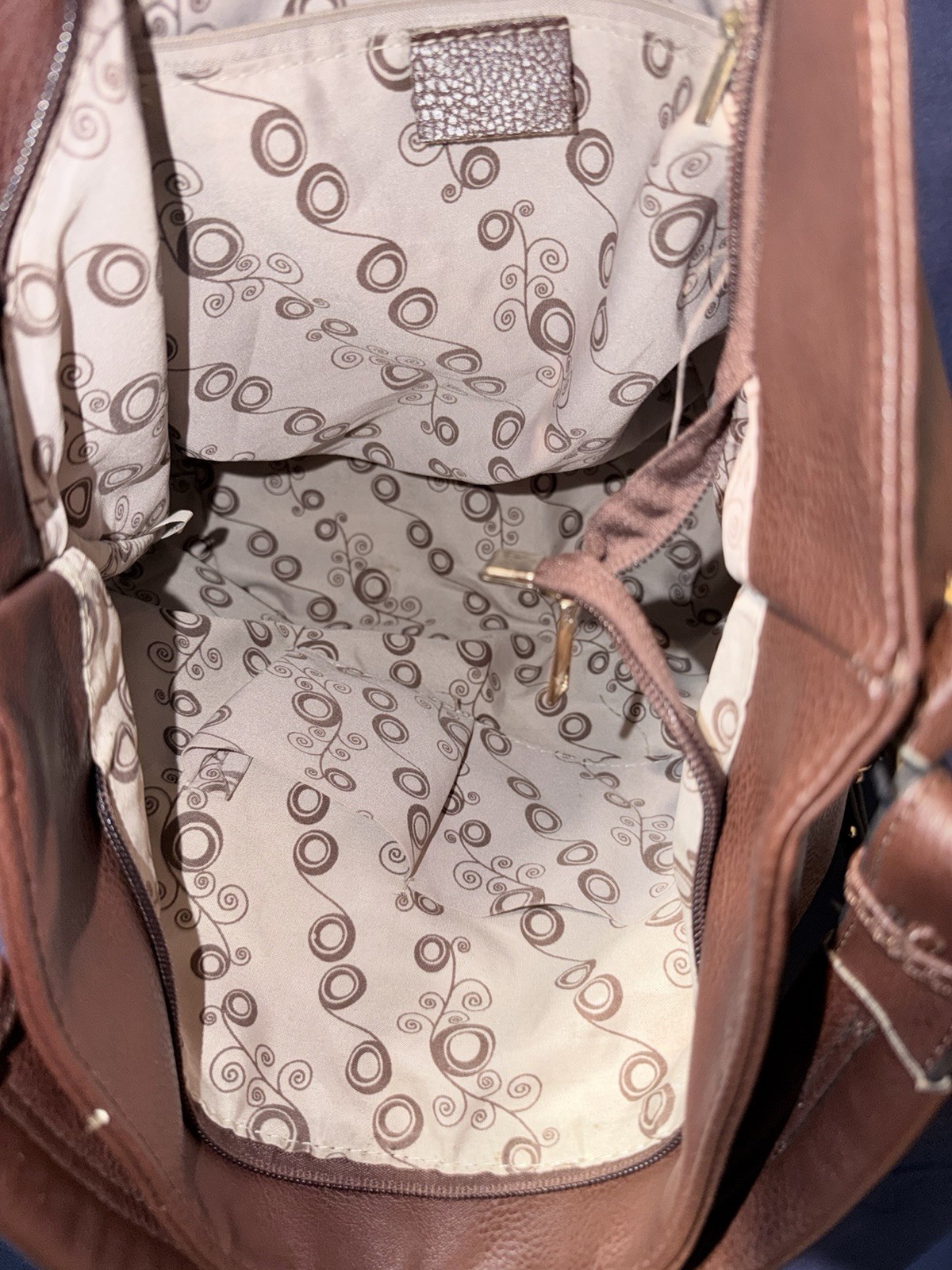 Large Brown Pebbled Satchel Top Handle Bag Zip Closure Studded Pockets Gold
