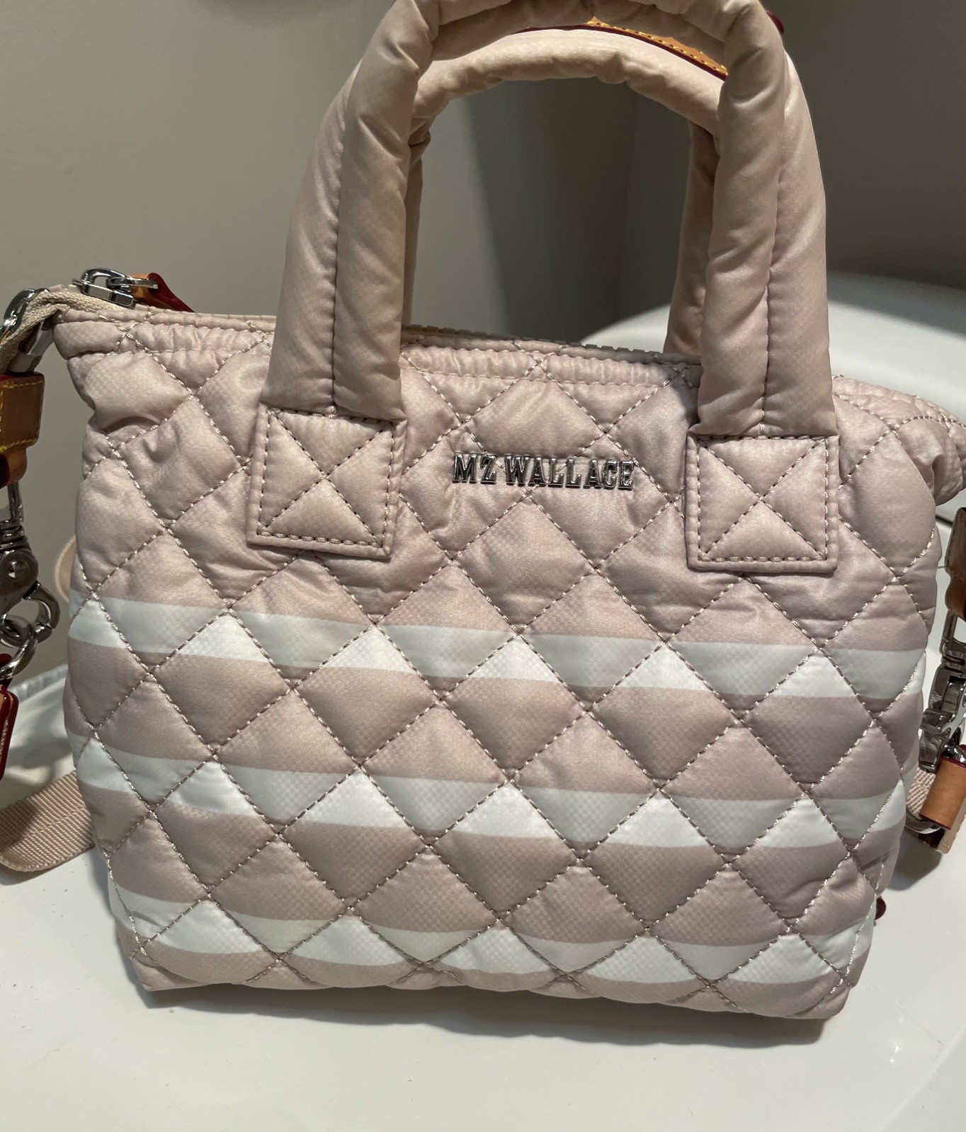 MZ Wallace Rose & White Micro Sutton Tote Deluxe Crossbody Bag – Mint