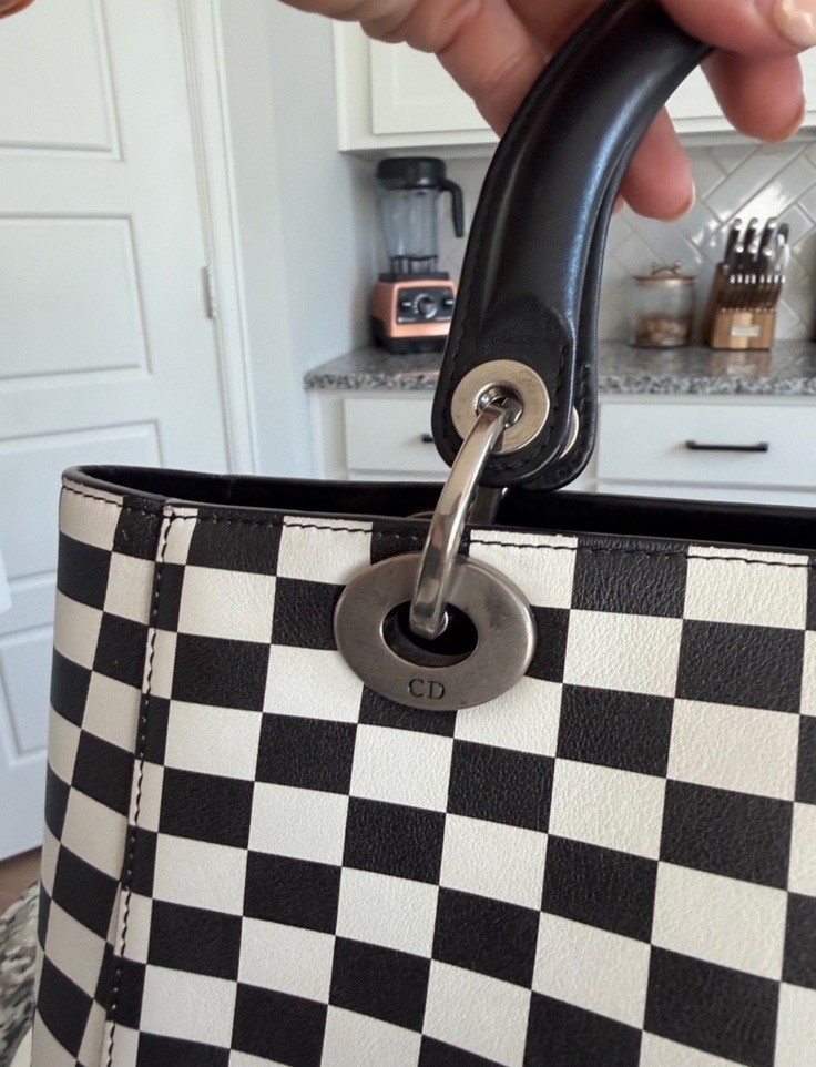 CHRISTIAN DIOR black & white leather 2018 CHECK LADY DIORMEDIUM TOTE Bag