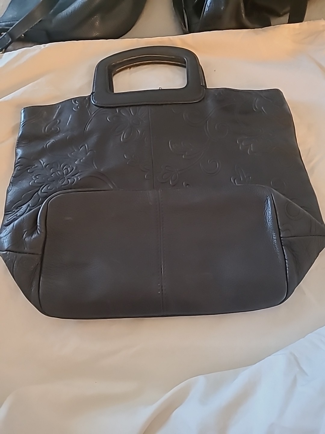 Med/Large Fossil Rachel Handbag Black Leather Floral Snap Double Handle NO STRAP