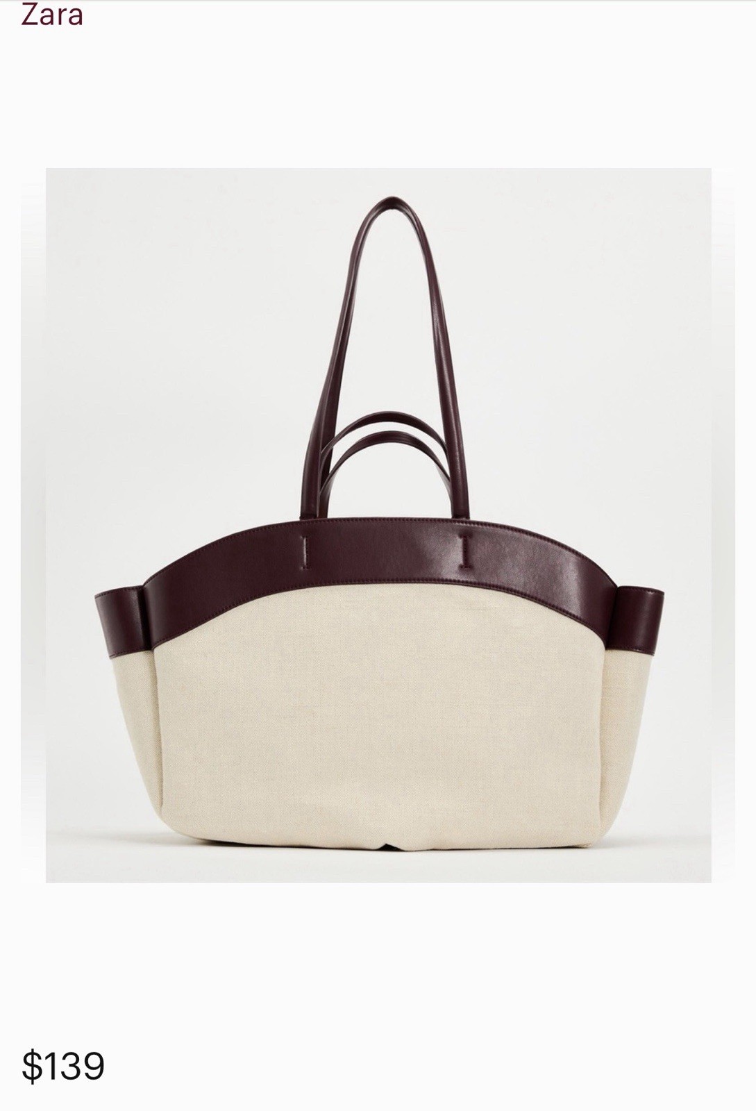 ZARA Canvas Tote Bag Burgundy Cream Large Shoulder Shopper NWT